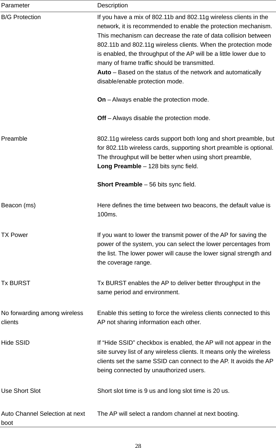  28 Parameter Description B/G Protection  If you have a mix of 802.11b and 802.11g wireless clients in the network, it is recommended to enable the protection mechanism. This mechanism can decrease the rate of data collision between 802.11b and 802.11g wireless clients. When the protection mode is enabled, the throughput of the AP will be a little lower due to many of frame traffic should be transmitted. Auto – Based on the status of the network and automatically disable/enable protection mode.  On – Always enable the protection mode.  Off – Always disable the protection mode.   Preamble  802.11g wireless cards support both long and short preamble, but for 802.11b wireless cards, supporting short preamble is optional. The throughput will be better when using short preamble,   Long Preamble – 128 bits sync field.  Short Preamble – 56 bits sync field.   Beacon (ms)  Here defines the time between two beacons, the default value is 100ms.   TX Power  If you want to lower the transmit power of the AP for saving the power of the system, you can select the lower percentages from the list. The lower power will cause the lower signal strength and the coverage range.   Tx BURST  Tx BURST enables the AP to deliver better throughput in the same period and environment.   No forwarding among wireless clients Enable this setting to force the wireless clients connected to this AP not sharing information each other.   Hide SSID  If “Hide SSID” checkbox is enabled, the AP will not appear in the site survey list of any wireless clients. It means only the wireless clients set the same SSID can connect to the AP. It avoids the AP being connected by unauthorized users.   Use Short Slot  Short slot time is 9 us and long slot time is 20 us.   Auto Channel Selection at next boot The AP will select a random channel at next booting. 