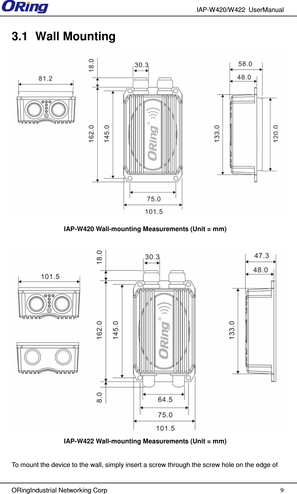 IAP-W420/W422  UserManual   ORingIndustrial Networking Corp  9 3.1  Wall Mounting IAP-W420 Wall-mounting Measurements (Unit = mm)   IAP-W422 Wall-mounting Measurements (Unit = mm)  To mount the device to the wall, simply insert a screw through the screw hole on the edge of 