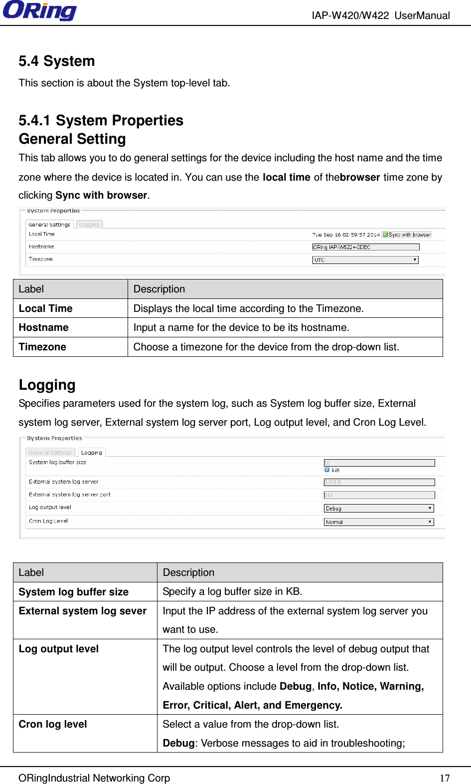 IAP-W420/W422  UserManual   ORingIndustrial Networking Corp  175.4 System This section is about the System top-level tab.    5.4.1 System Properties General Setting This tab allows you to do general settings for the device including the host name and the time zone where the device is located in. You can use the local time of thebrowser time zone by clicking Sync with browser.  Label  Description Local Time  Displays the local time according to the Timezone. Hostname  Input a name for the device to be its hostname. Timezone  Choose a timezone for the device from the drop-down list.  Logging Specifies parameters used for the system log, such as System log buffer size, External system log server, External system log server port, Log output level, and Cron Log Level.   Label  Description System log buffer size  Specify a log buffer size in KB. External system log sever  Input the IP address of the external system log server you want to use. Log output level  The log output level controls the level of debug output that will be output. Choose a level from the drop-down list. Available options include Debug, Info, Notice, Warning, Error, Critical, Alert, and Emergency. Cron log level  Select a value from the drop-down list. Debug: Verbose messages to aid in troubleshooting; 