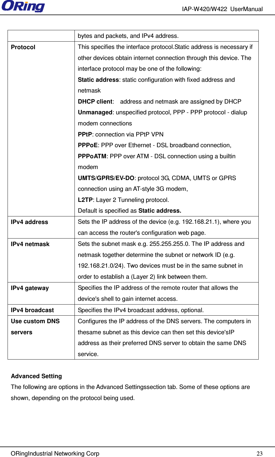 IAP-W420/W422  UserManual   ORingIndustrial Networking Corp  23bytes and packets, and IPv4 address. Protocol  This specifies the interface protocol.Static address is necessary if other devices obtain internet connection through this device. The interface protocol may be one of the following:  Static address: static configuration with fixed address and netmask DHCP client:    address and netmask are assigned by DHCP Unmanaged: unspecified protocol, PPP - PPP protocol - dialup modem connections PPtP: connection via PPtP VPN PPPoE: PPP over Ethernet - DSL broadband connection,  PPPoATM: PPP over ATM - DSL connection using a builtin modem UMTS/GPRS/EV-DO: protocol 3G, CDMA, UMTS or GPRS connection using an AT-style 3G modem,   L2TP: Layer 2 Tunneling protocol. Default is specified as Static address. IPv4 address  Sets the IP address of the device (e.g. 192.168.21.1), where you can access the router&apos;s configuration web page. IPv4 netmask  Sets the subnet mask e.g. 255.255.255.0. The IP address and netmask together determine the subnet or network ID (e.g. 192.168.21.0/24). Two devices must be in the same subnet in order to establish a (Layer 2) link between them. IPv4 gateway  Specifies the IP address of the remote router that allows the device&apos;s shell to gain internet access. IPv4 broadcast  Specifies the IPv4 broadcast address, optional. Use custom DNS servers Configures the IP address of the DNS servers. The computers in thesame subnet as this device can then set this device&apos;sIP address as their preferred DNS server to obtain the same DNS service.  Advanced Setting The following are options in the Advanced Settingssection tab. Some of these options are shown, depending on the protocol being used. 