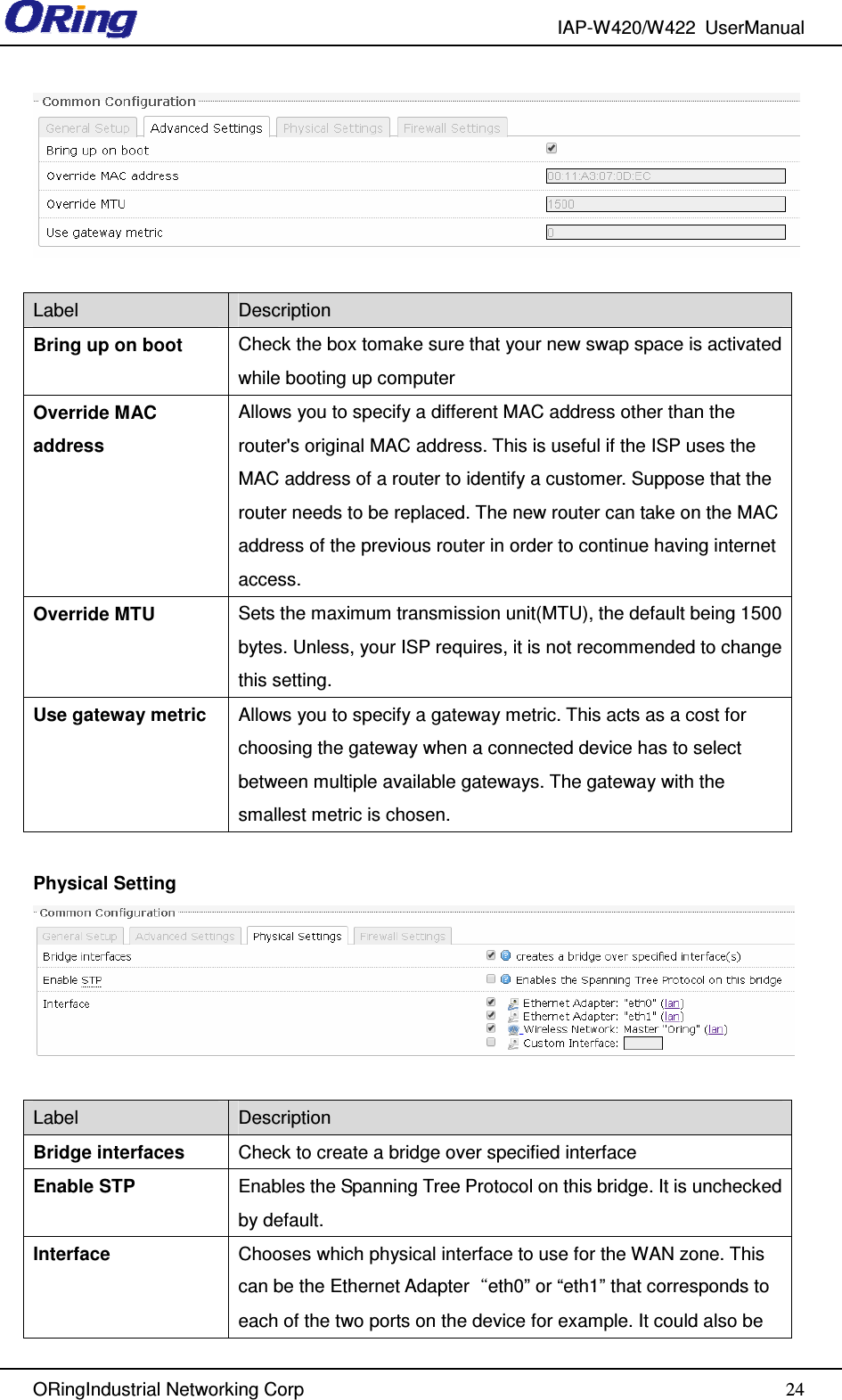 IAP-W420/W422  UserManual   ORingIndustrial Networking Corp  24  Label  Description Bring up on boot  Check the box tomake sure that your new swap space is activated while booting up computer  Override MAC address Allows you to specify a different MAC address other than the router&apos;s original MAC address. This is useful if the ISP uses the MAC address of a router to identify a customer. Suppose that the router needs to be replaced. The new router can take on the MAC address of the previous router in order to continue having internet access. Override MTU  Sets the maximum transmission unit(MTU), the default being 1500 bytes. Unless, your ISP requires, it is not recommended to change this setting. Use gateway metric  Allows you to specify a gateway metric. This acts as a cost for choosing the gateway when a connected device has to select between multiple available gateways. The gateway with the smallest metric is chosen.  Physical Setting   Label  Description Bridge interfaces  Check to create a bridge over specified interface Enable STP  Enables the Spanning Tree Protocol on this bridge. It is unchecked by default. Interface  Chooses which physical interface to use for the WAN zone. This can be the Ethernet Adapter“eth0” or “eth1” that corresponds to each of the two ports on the device for example. It could also be 