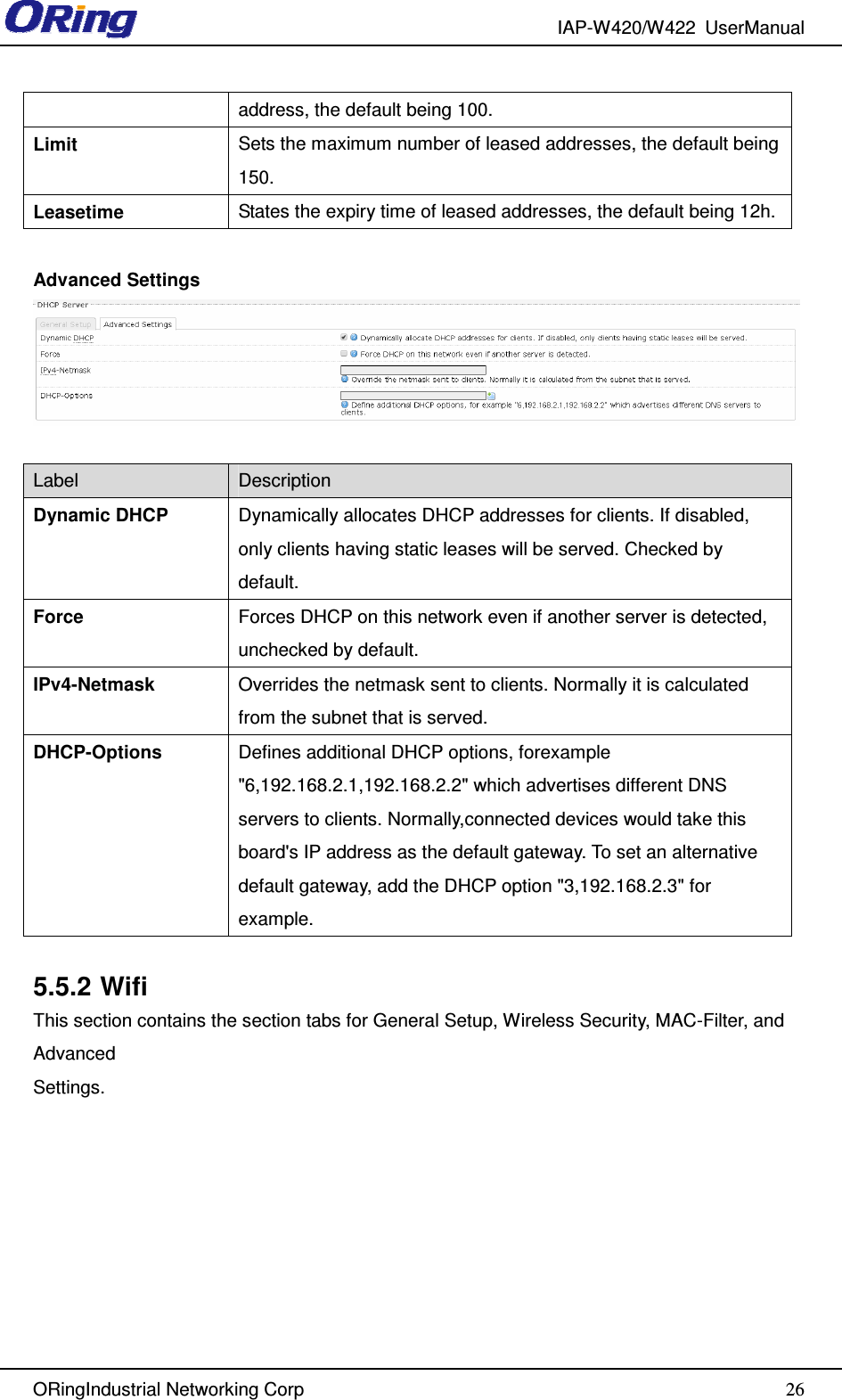 IAP-W420/W422  UserManual   ORingIndustrial Networking Corp  26address, the default being 100. Limit  Sets the maximum number of leased addresses, the default being 150. Leasetime  States the expiry time of leased addresses, the default being 12h.  Advanced Settings   Label  Description Dynamic DHCP  Dynamically allocates DHCP addresses for clients. If disabled, only clients having static leases will be served. Checked by default. Force  Forces DHCP on this network even if another server is detected, unchecked by default. IPv4-Netmask  Overrides the netmask sent to clients. Normally it is calculated from the subnet that is served. DHCP-Options  Defines additional DHCP options, forexample &quot;6,192.168.2.1,192.168.2.2&quot; which advertises different DNS servers to clients. Normally,connected devices would take this board&apos;s IP address as the default gateway. To set an alternative default gateway, add the DHCP option &quot;3,192.168.2.3&quot; for example.  5.5.2 Wifi This section contains the section tabs for General Setup, Wireless Security, MAC-Filter, and Advanced Settings.