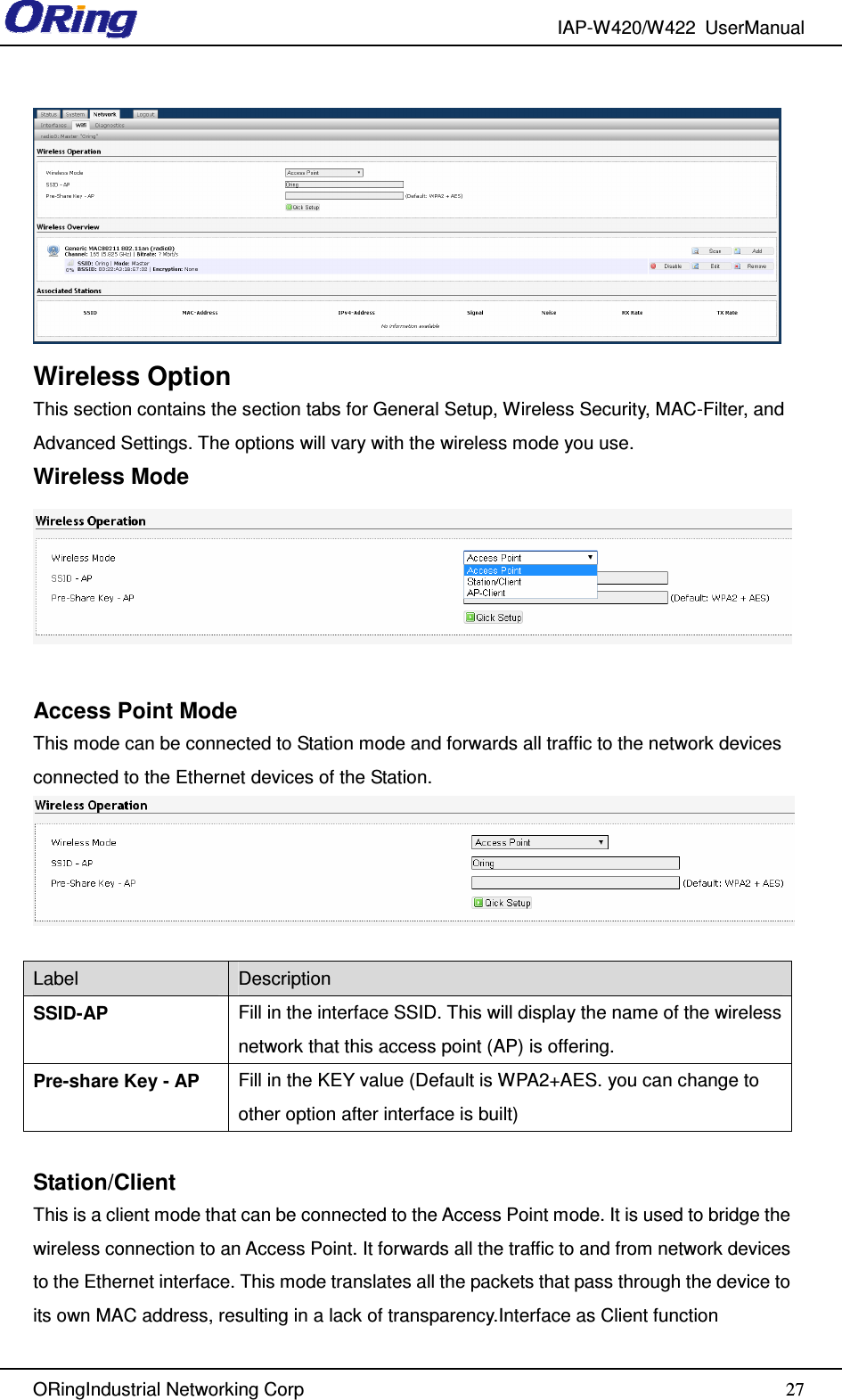 IAP-W420/W422  UserManual   ORingIndustrial Networking Corp  27 Wireless Option This section contains the section tabs for General Setup, Wireless Security, MAC-Filter, and Advanced Settings. The options will vary with the wireless mode you use. Wireless Mode   Access Point Mode This mode can be connected to Station mode and forwards all traffic to the network devices connected to the Ethernet devices of the Station.   Label  Description SSID-AP  Fill in the interface SSID. This will display the name of the wireless network that this access point (AP) is offering. Pre-share Key - AP  Fill in the KEY value (Default is WPA2+AES. you can change to other option after interface is built)  Station/Client This is a client mode that can be connected to the Access Point mode. It is used to bridge the wireless connection to an Access Point. It forwards all the traffic to and from network devices to the Ethernet interface. This mode translates all the packets that pass through the device to its own MAC address, resulting in a lack of transparency.Interface as Client function 