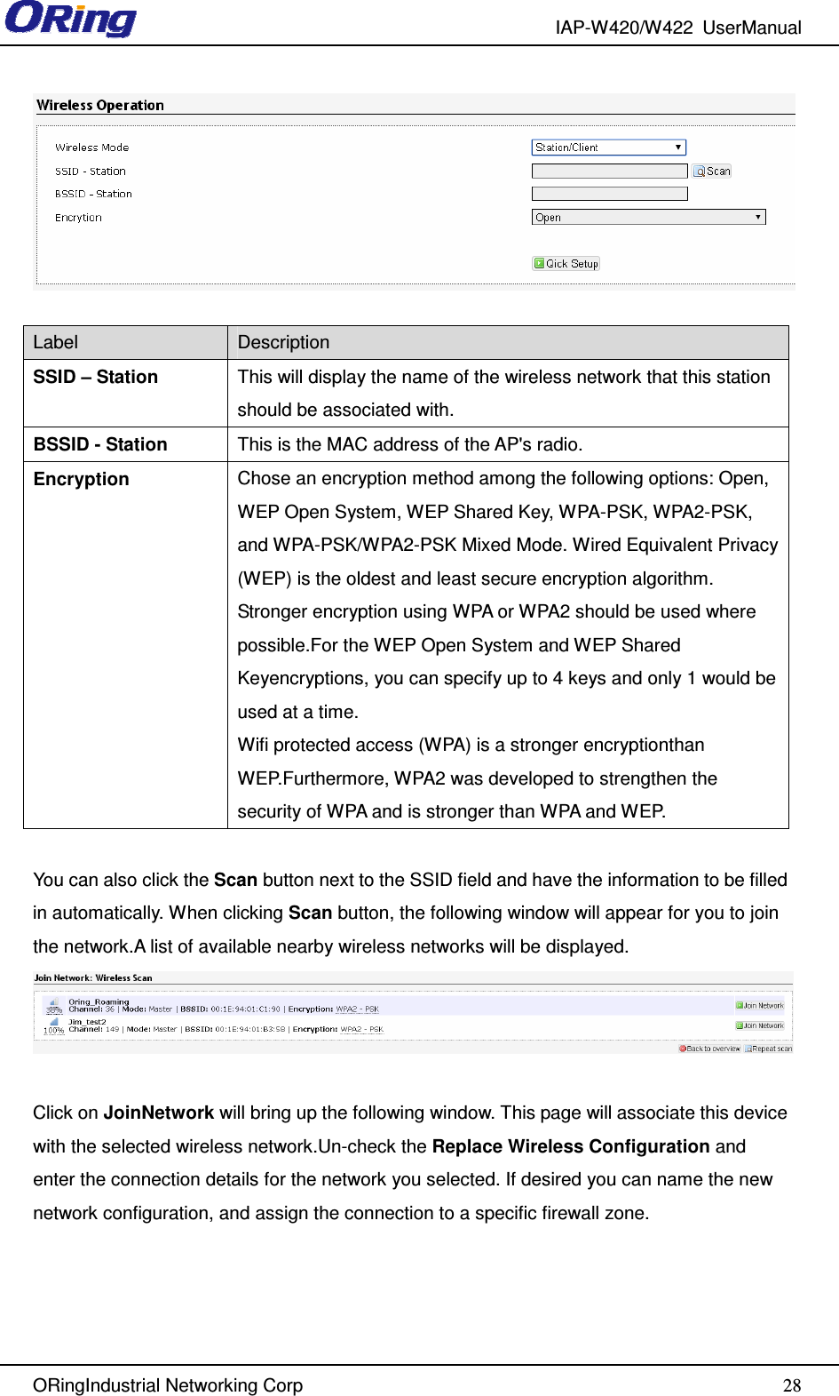 IAP-W420/W422  UserManual   ORingIndustrial Networking Corp  28  Label  Description SSID – Station  This will display the name of the wireless network that this station should be associated with. BSSID - Station  This is the MAC address of the AP&apos;s radio. Encryption  Chose an encryption method among the following options: Open, WEP Open System, WEP Shared Key, WPA-PSK, WPA2-PSK, and WPA-PSK/WPA2-PSK Mixed Mode. Wired Equivalent Privacy (WEP) is the oldest and least secure encryption algorithm. Stronger encryption using WPA or WPA2 should be used where possible.For the WEP Open System and WEP Shared Keyencryptions, you can specify up to 4 keys and only 1 would be used at a time. Wifi protected access (WPA) is a stronger encryptionthan WEP.Furthermore, WPA2 was developed to strengthen the security of WPA and is stronger than WPA and WEP.  You can also click the Scan button next to the SSID field and have the information to be filled in automatically. When clicking Scan button, the following window will appear for you to join the network.A list of available nearby wireless networks will be displayed.   Click on JoinNetwork will bring up the following window. This page will associate this device with the selected wireless network.Un-check the Replace Wireless Configuration and enter the connection details for the network you selected. If desired you can name the new network configuration, and assign the connection to a specific firewall zone. 