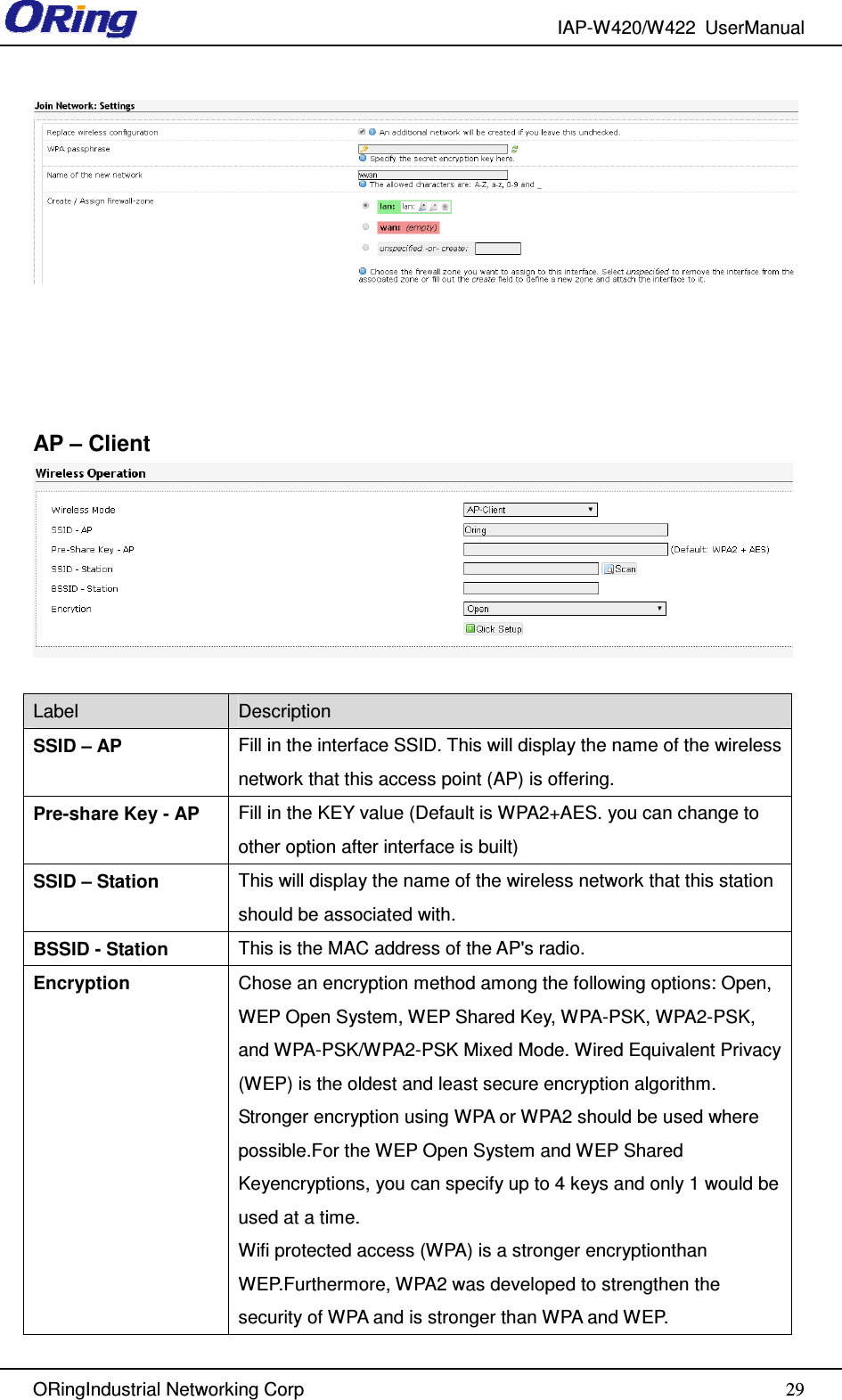 IAP-W420/W422  UserManual   ORingIndustrial Networking Corp  29     AP – Client     Label  Description SSID – AP  Fill in the interface SSID. This will display the name of the wireless network that this access point (AP) is offering. Pre-share Key - AP  Fill in the KEY value (Default is WPA2+AES. you can change to other option after interface is built) SSID – Station  This will display the name of the wireless network that this station should be associated with. BSSID - Station  This is the MAC address of the AP&apos;s radio. Encryption  Chose an encryption method among the following options: Open, WEP Open System, WEP Shared Key, WPA-PSK, WPA2-PSK, and WPA-PSK/WPA2-PSK Mixed Mode. Wired Equivalent Privacy (WEP) is the oldest and least secure encryption algorithm. Stronger encryption using WPA or WPA2 should be used where possible.For the WEP Open System and WEP Shared Keyencryptions, you can specify up to 4 keys and only 1 would be used at a time. Wifi protected access (WPA) is a stronger encryptionthan WEP.Furthermore, WPA2 was developed to strengthen the security of WPA and is stronger than WPA and WEP. 