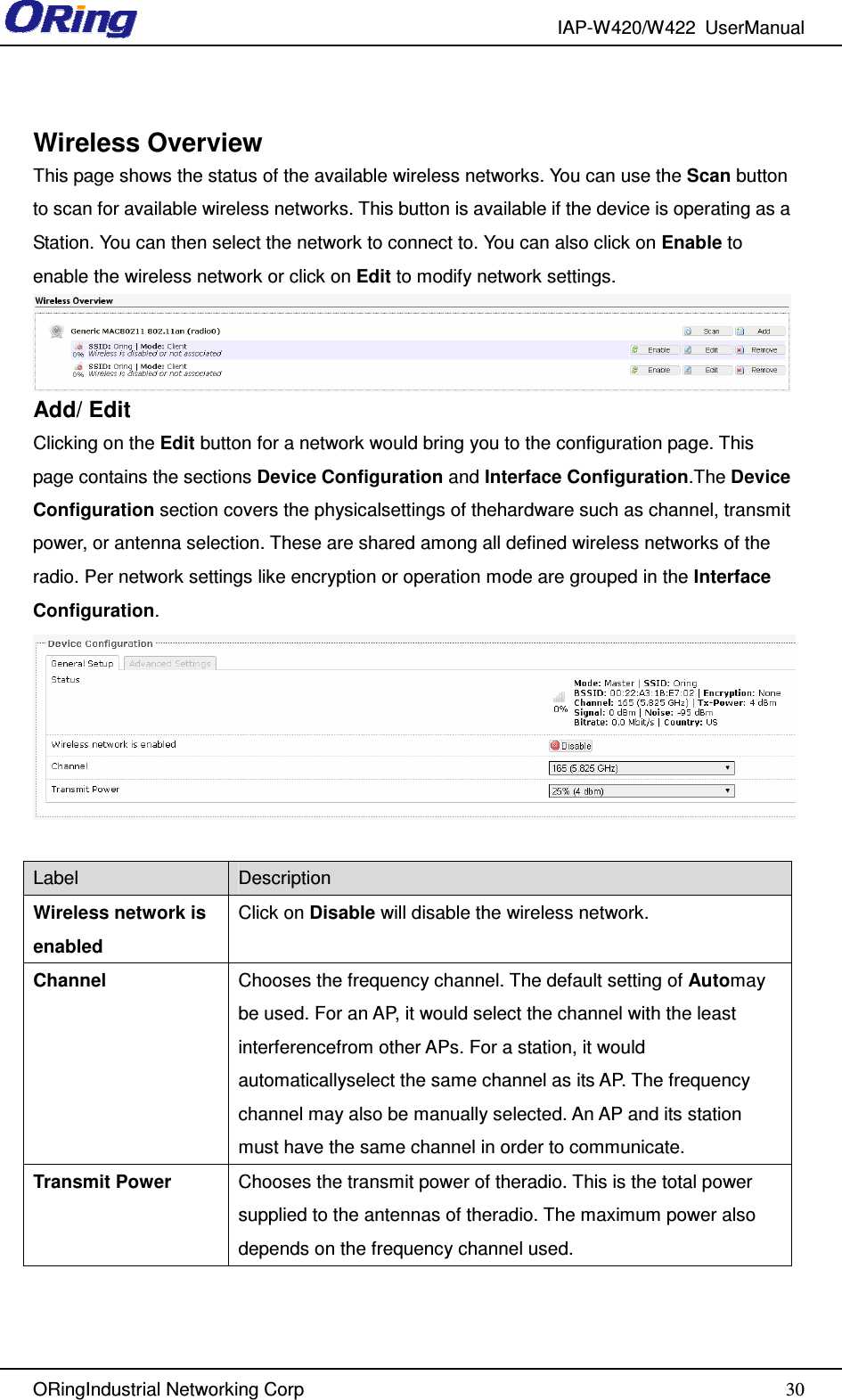 IAP-W420/W422  UserManual   ORingIndustrial Networking Corp  30 Wireless Overview This page shows the status of the available wireless networks. You can use the Scan button to scan for available wireless networks. This button is available if the device is operating as a Station. You can then select the network to connect to. You can also click on Enable to enable the wireless network or click on Edit to modify network settings.  Add/ Edit Clicking on the Edit button for a network would bring you to the configuration page. This page contains the sections Device Configuration and Interface Configuration.The Device Configuration section covers the physicalsettings of thehardware such as channel, transmit power, or antenna selection. These are shared among all defined wireless networks of the radio. Per network settings like encryption or operation mode are grouped in the Interface Configuration.  Label  Description Wireless network is enabled Click on Disable will disable the wireless network. Channel  Chooses the frequency channel. The default setting of Automay be used. For an AP, it would select the channel with the least interferencefrom other APs. For a station, it would automaticallyselect the same channel as its AP. The frequency channel may also be manually selected. An AP and its station must have the same channel in order to communicate. Transmit Power  Chooses the transmit power of theradio. This is the total power supplied to the antennas of theradio. The maximum power also depends on the frequency channel used.  