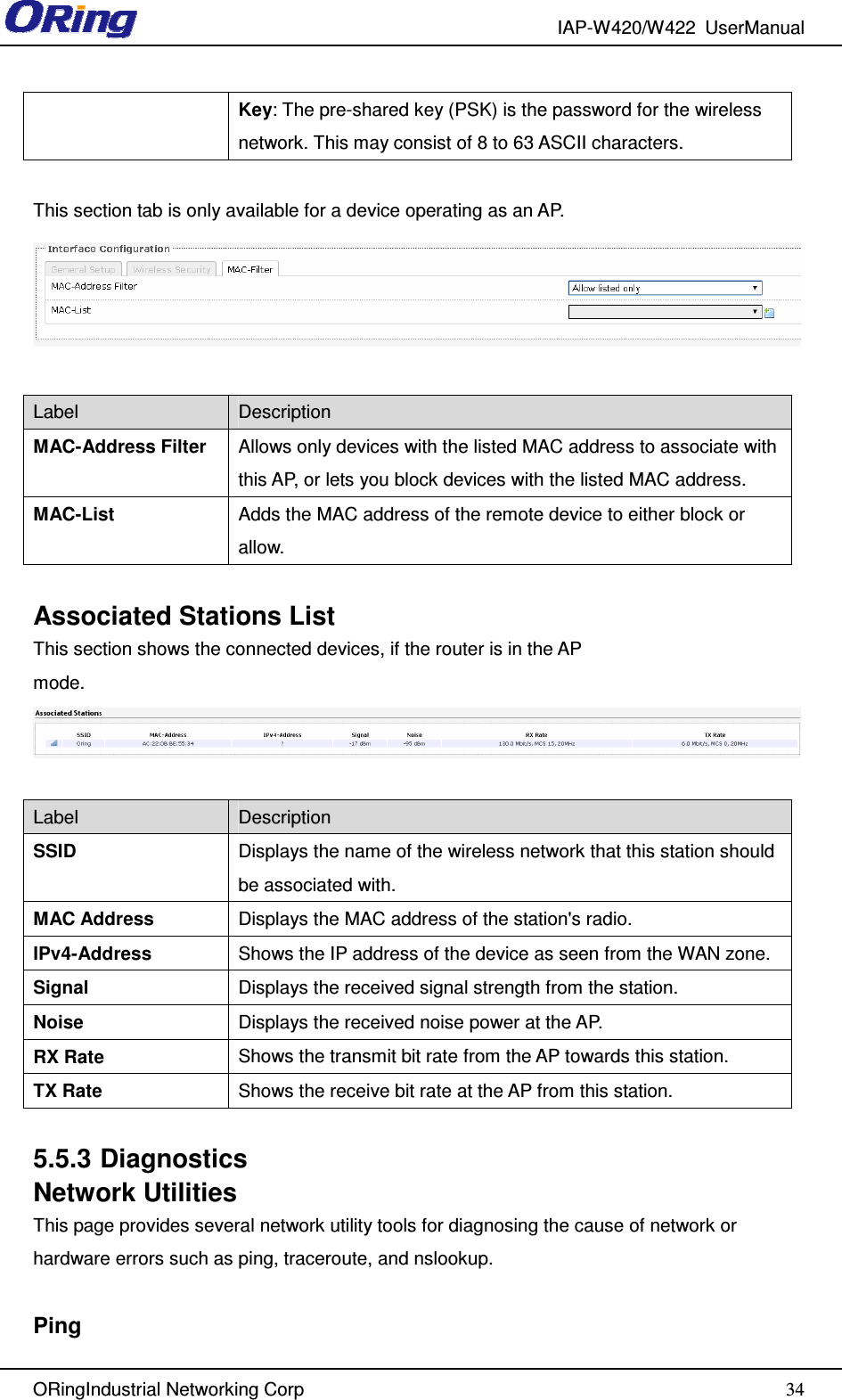 IAP-W420/W422  UserManual   ORingIndustrial Networking Corp  34Key: The pre-shared key (PSK) is the password for the wireless network. This may consist of 8 to 63 ASCII characters.  This section tab is only available for a device operating as an AP.   Label  Description MAC-Address Filter  Allows only devices with the listed MAC address to associate with this AP, or lets you block devices with the listed MAC address. MAC-List  Adds the MAC address of the remote device to either block or allow.  Associated Stations List This section shows the connected devices, if the router is in the AP mode.  Label  Description SSID  Displays the name of the wireless network that this station should be associated with. MAC Address  Displays the MAC address of the station&apos;s radio. IPv4-Address  Shows the IP address of the device as seen from the WAN zone. Signal  Displays the received signal strength from the station. Noise  Displays the received noise power at the AP. RX Rate  Shows the transmit bit rate from the AP towards this station. TX Rate  Shows the receive bit rate at the AP from this station.  5.5.3 Diagnostics Network Utilities This page provides several network utility tools for diagnosing the cause of network or hardware errors such as ping, traceroute, and nslookup.  Ping 