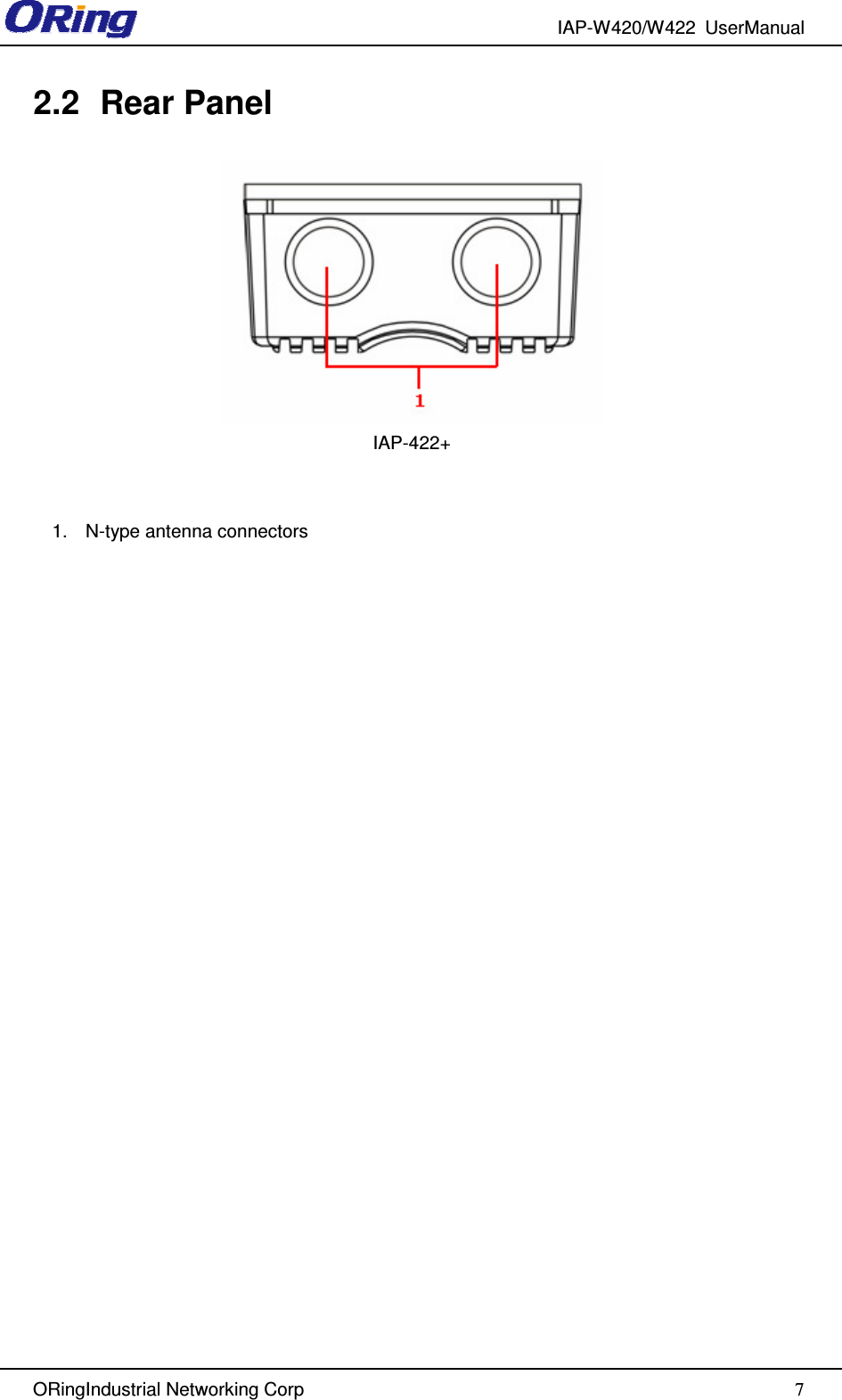 IAP-W420/W422  UserManual   ORingIndustrial Networking Corp  7 2.2  Rear Panel   IAP-422+      1.  N-type antenna connectors 