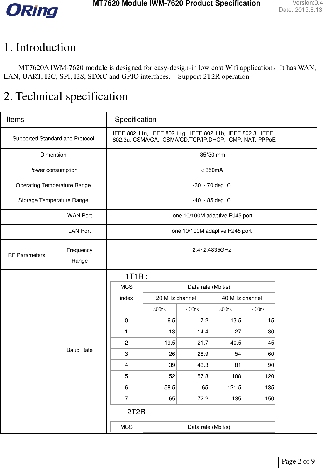  MT7620 Module IWM-7620 Product Specification Version:0.4 Date: 2015.8.13   Page 2 of 9   1. Introduction    MT7620A IWM-7620 module is designed for easy-design-in low cost Wifi application。It has WAN, LAN, UART, I2C, SPI, I2S, SDXC and GPIO interfaces.    Support 2T2R operation.  2. Technical specification  Items   Specification Supported Standard and Protocol IEEE 802.11n,  IEEE 802.11g,  IEEE 802.11b,  IEEE 802.3,  IEEE 802.3u, CSMA/CA,  CSMA/CD,TCP/IP,DHCP, ICMP, NAT, PPPoE Dimension  35*30 mm Power consumption &lt; 350mA Operating Temperature Range -30 ~ 70 deg. C Storage Temperature Range -40 ~ 85 deg. C   WAN Port  one 10/100M adaptive RJ45 port   LAN Port one 10/100M adaptive RJ45 port RF Parameters Frequency Range 2.4~2.4835GHz   Baud Rate          1T1R : MCS Data rate (Mbit/s) index 20 MHz channel 40 MHz channel   800 ns  400 ns  800 ns  400 ns  0 6.5 7.2 13.5 15 1 13 14.4 27 30 2 19.5 21.7 40.5 45 3 26 28.9 54 60 4 39 43.3 81 90 5 52 57.8 108 120 6 58.5 65 121.5 135 7 65 72.2 135 150     2T2R MCS Data rate (Mbit/s) 