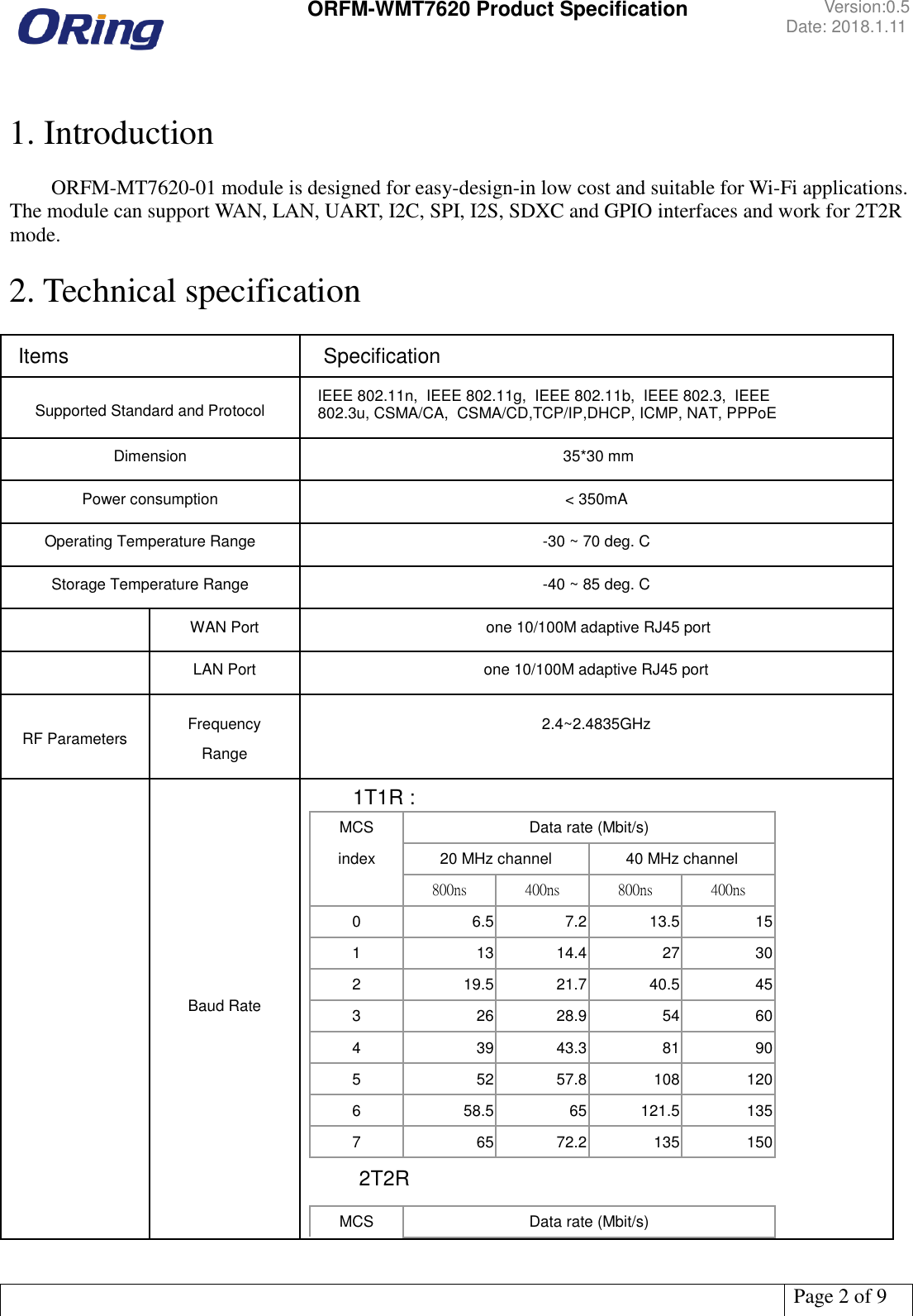  ORFM-WMT7620 Product Specification Version:0.5 Date: 2018.1.11   Page 2 of 9   1. Introduction    ORFM-MT7620-01 module is designed for easy-design-in low cost and suitable for Wi-Fi applications. The module can support WAN, LAN, UART, I2C, SPI, I2S, SDXC and GPIO interfaces and work for 2T2R mode.  2. Technical specification  Items   Specification Supported Standard and Protocol IEEE 802.11n,  IEEE 802.11g,  IEEE 802.11b,  IEEE 802.3,  IEEE 802.3u, CSMA/CA,  CSMA/CD,TCP/IP,DHCP, ICMP, NAT, PPPoE Dimension  35*30 mm Power consumption &lt; 350mA Operating Temperature Range -30 ~ 70 deg. C Storage Temperature Range -40 ~ 85 deg. C   WAN Port  one 10/100M adaptive RJ45 port   LAN Port one 10/100M adaptive RJ45 port RF Parameters Frequency Range 2.4~2.4835GHz   Baud Rate          1T1R : MCS Data rate (Mbit/s) index 20 MHz channel 40 MHz channel   800 ns  400 ns  800 ns  400 ns  0 6.5 7.2 13.5 15 1 13 14.4 27 30 2 19.5 21.7 40.5 45 3 26 28.9 54 60 4 39 43.3 81 90 5 52 57.8 108 120 6 58.5 65 121.5 135 7 65 72.2 135 150      2T2R MCS Data rate (Mbit/s) 