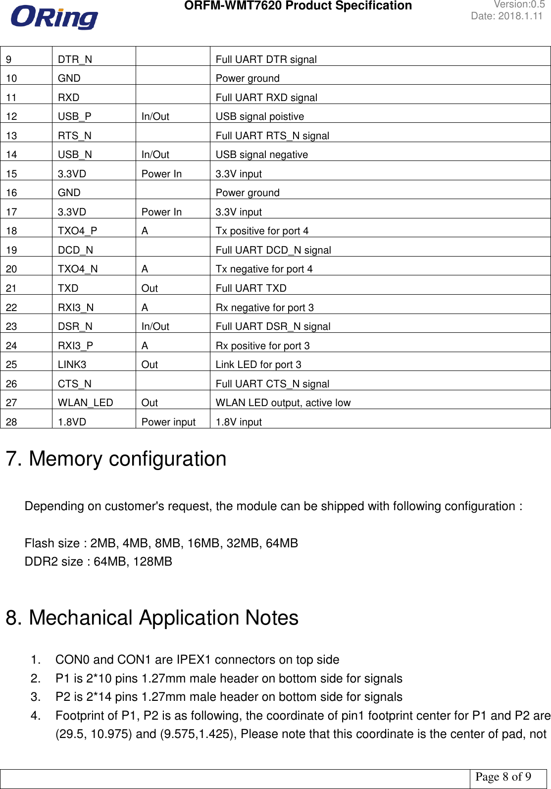  ORFM-WMT7620 Product Specification Version:0.5 Date: 2018.1.11   Page 8 of 9  9 DTR_N  Full UART DTR signal 10 GND  Power ground 11 RXD  Full UART RXD signal 12 USB_P In/Out USB signal poistive 13 RTS_N  Full UART RTS_N signal 14 USB_N In/Out USB signal negative 15 3.3VD Power In 3.3V input 16 GND  Power ground 17 3.3VD Power In 3.3V input 18 TXO4_P A Tx positive for port 4 19 DCD_N  Full UART DCD_N signal 20 TXO4_N A Tx negative for port 4 21 TXD Out Full UART TXD 22 RXI3_N A Rx negative for port 3 23 DSR_N In/Out Full UART DSR_N signal 24 RXI3_P A Rx positive for port 3 25 LINK3 Out Link LED for port 3 26 CTS_N  Full UART CTS_N signal 27 WLAN_LED Out WLAN LED output, active low 28 1.8VD Power input 1.8V input  7. Memory configuration     Depending on customer&apos;s request, the module can be shipped with following configuration :     Flash size : 2MB, 4MB, 8MB, 16MB, 32MB, 64MB    DDR2 size : 64MB, 128MB   8. Mechanical Application Notes  1.  CON0 and CON1 are IPEX1 connectors on top side 2.  P1 is 2*10 pins 1.27mm male header on bottom side for signals 3. P2 is 2*14 pins 1.27mm male header on bottom side for signals 4.  Footprint of P1, P2 is as following, the coordinate of pin1 footprint center for P1 and P2 are (29.5, 10.975) and (9.575,1.425), Please note that this coordinate is the center of pad, not 