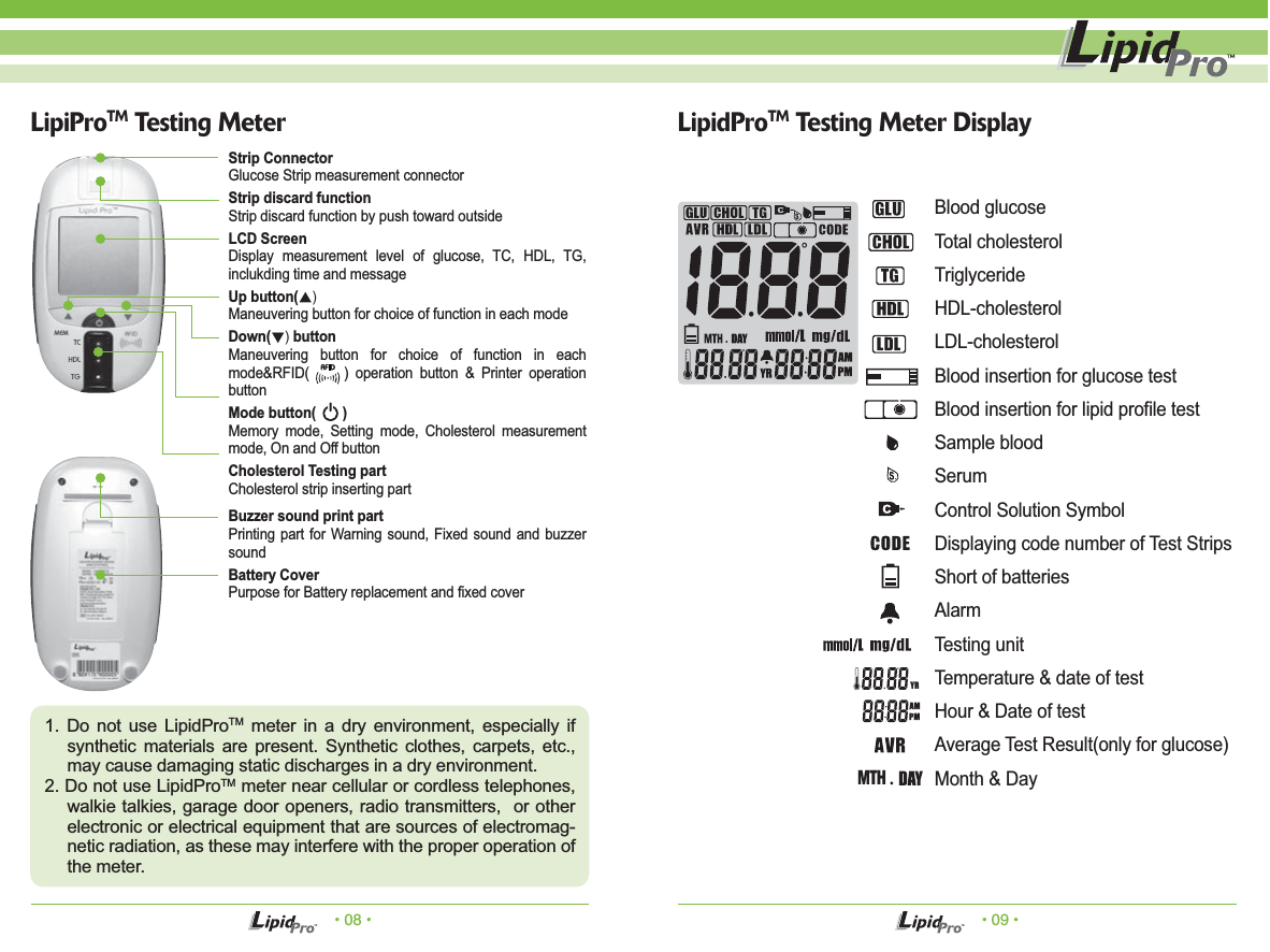 TCHDLTGMEM• 08 • • 09 •LipidProTM Testing Meter DisplayLipiProTM Testing Meter1. Do not use LipidProTM meter in a dry environment, especially if synthetic materials are present. Synthetic clothes, carpets, etc., may cause damaging static discharges in a dry environment.2. Do not use LipidProTM meter near cellular or cordless telephones, walkie talkies, garage door openers, radio transmitters,  or other electronic or electrical equipment that are sources of electromag-netic radiation, as these may interfere with the proper operation of the meter.Strip ConnectorGlucose Strip measurement connector Strip discard functionStrip discard function by push toward outsideLCD ScreenDisplay measurement level of glucose, TC, HDL, TG, inclukding time and messageUp button(ƞ(Maneuvering button for choice of function in each modeDown(Ơ( buttonManeuvering button for choice of function in each mode&amp;RFID(     ) operation button &amp; Printer operation buttonMode button(       ) Memory mode, Setting mode, Cholesterol measurement mode, On and Off buttonCholesterol Testing partCholesterol strip inserting partBuzzer sound print partPrinting part for Warning sound, Fixed sound and buzzer sound Battery CoverPurpose for Battery replacement and fixed coverBlood glucoseTotal cholesterolTriglycerideHDL-cholesterolLDL-cholesterolBlood insertion for glucose testBlood insertion for lipid profile testSample blood SerumControl Solution SymbolDisplaying code number of Test StripsShort of batteriesAlarmTesting unitTemperature &amp; date of testHour &amp; Date of testAverage Test Result(only for glucose)Month &amp; DayMTH