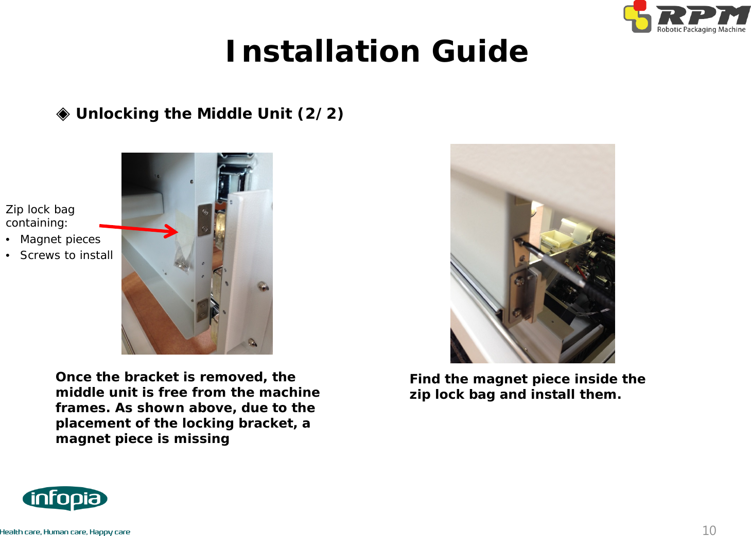 Installation Guide10◈Unlocking the Middle Unit (2/2)Find the magnet piece inside the zip lock bag and install them.Once the bracket is removed, the middle unit is free from the machine frames. As shown above, due to the placement of the locking bracket, a magnet piece is missingZip lock bag containing:•Magnet pieces•Screws to install