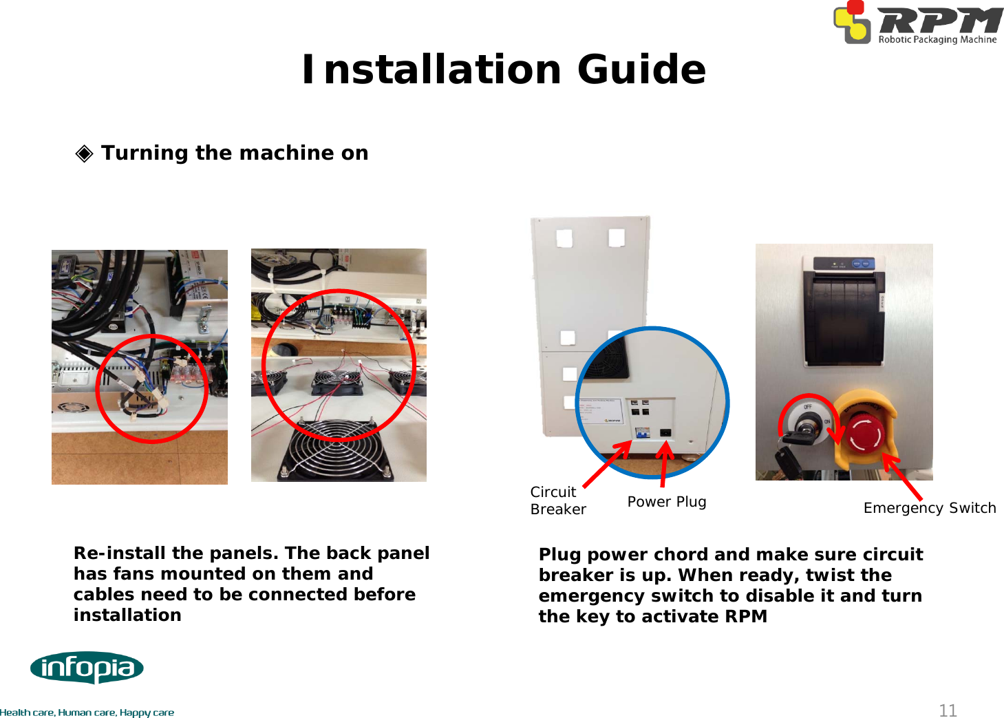 Installation Guide11◈Turning the machine onPlug power chord and make sure circuit breaker is up. When ready, twist the emergency switch to disable it and turn the key to activate RPMRe-install the panels. The back panel has fans mounted on them and cables need to be connected before installationPower PlugCircuit Breaker Emergency Switch