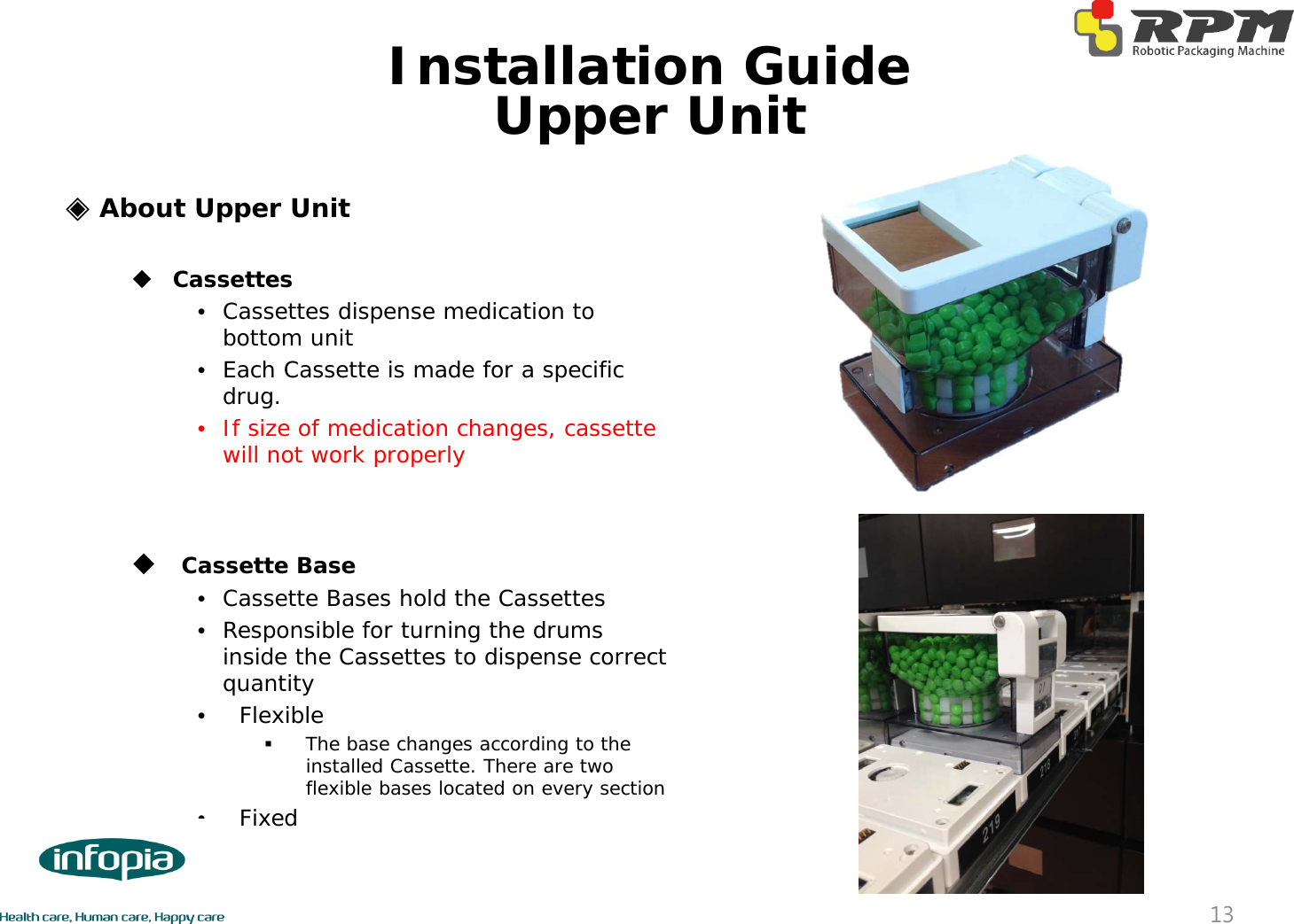 ◈About Upper UnitCassettes•Cassettes dispense medication to bottom unit•Each Cassette is made for a specific drug.•If size of medication changes, cassette will not work properlyCassette Base•Cassette Bases hold the Cassettes •Responsible for turning the drums inside the Cassettes to dispense correct quantity•FlexibleThe base changes according to the installed Cassette. There are two flexible bases located on every section•FixedUpper Unit13Installation Guide