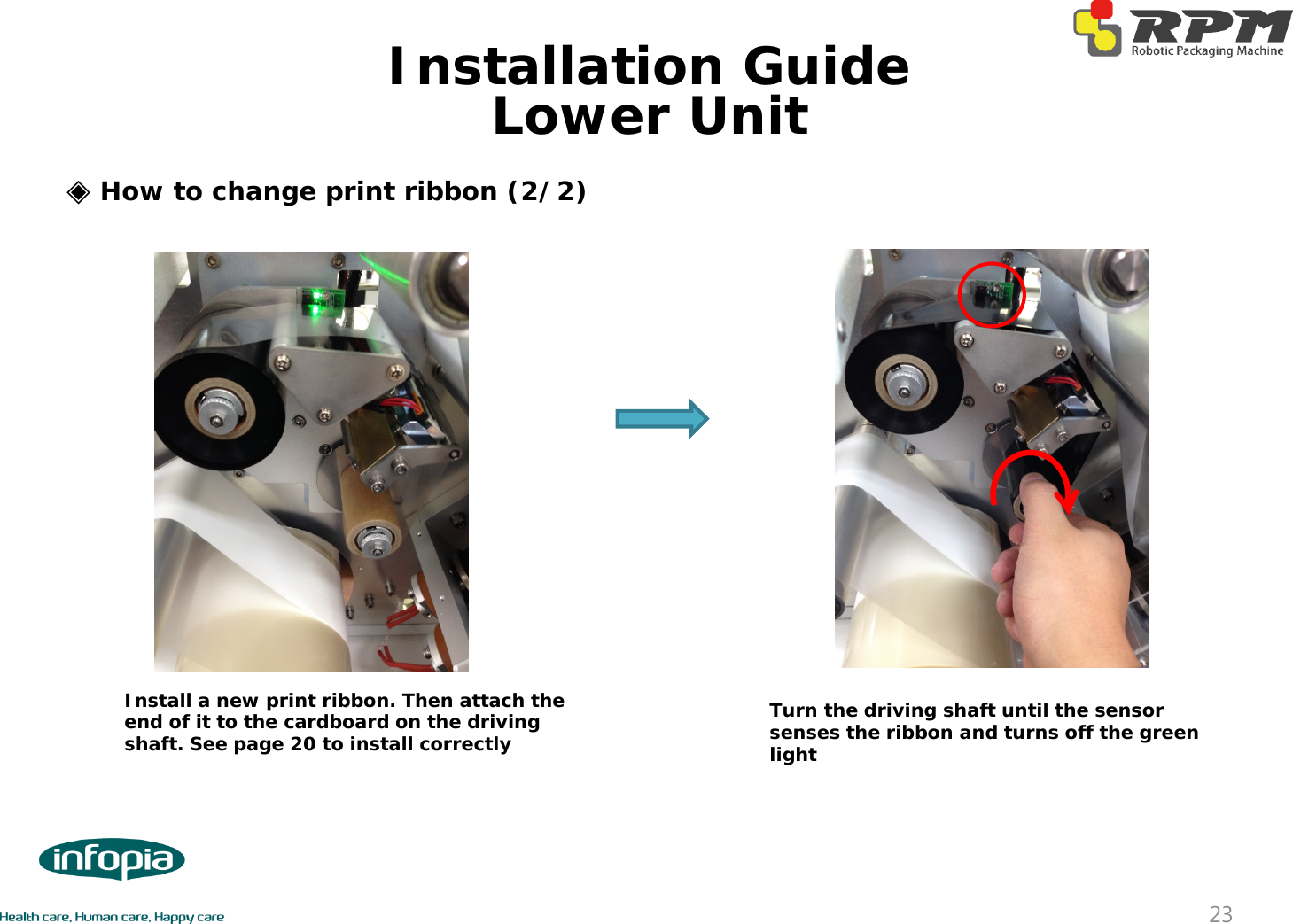 ◈How to change print ribbon (2/2)Install a new print ribbon. Then attach the end of it to the cardboard on the driving shaft. See page 20 to install correctlyTurn the driving shaft until the sensor senses the ribbon and turns off the green light23Lower UnitInstallation Guide
