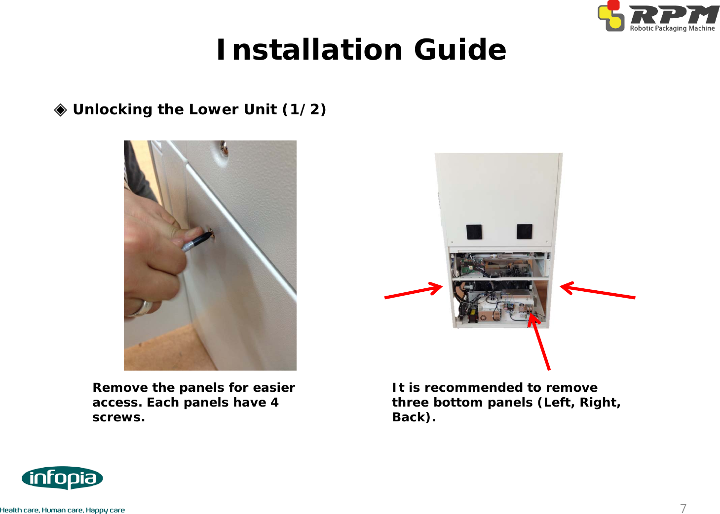 Installation Guide7◈Unlocking the Lower Unit (1/2)Remove the panels for easier access. Each panels have 4 screws.It is recommended to remove three bottom panels (Left, Right, Back).