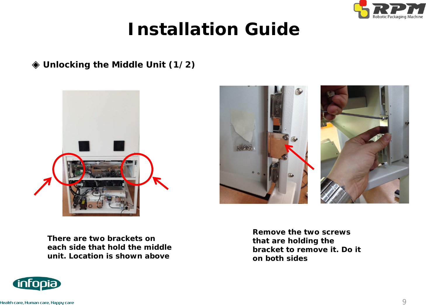 Installation Guide9◈Unlocking the Middle Unit (1/2)There are two brackets on each side that hold the middle unit. Location is shown aboveRemove the two screws that are holding the bracket to remove it. Do it on both sides