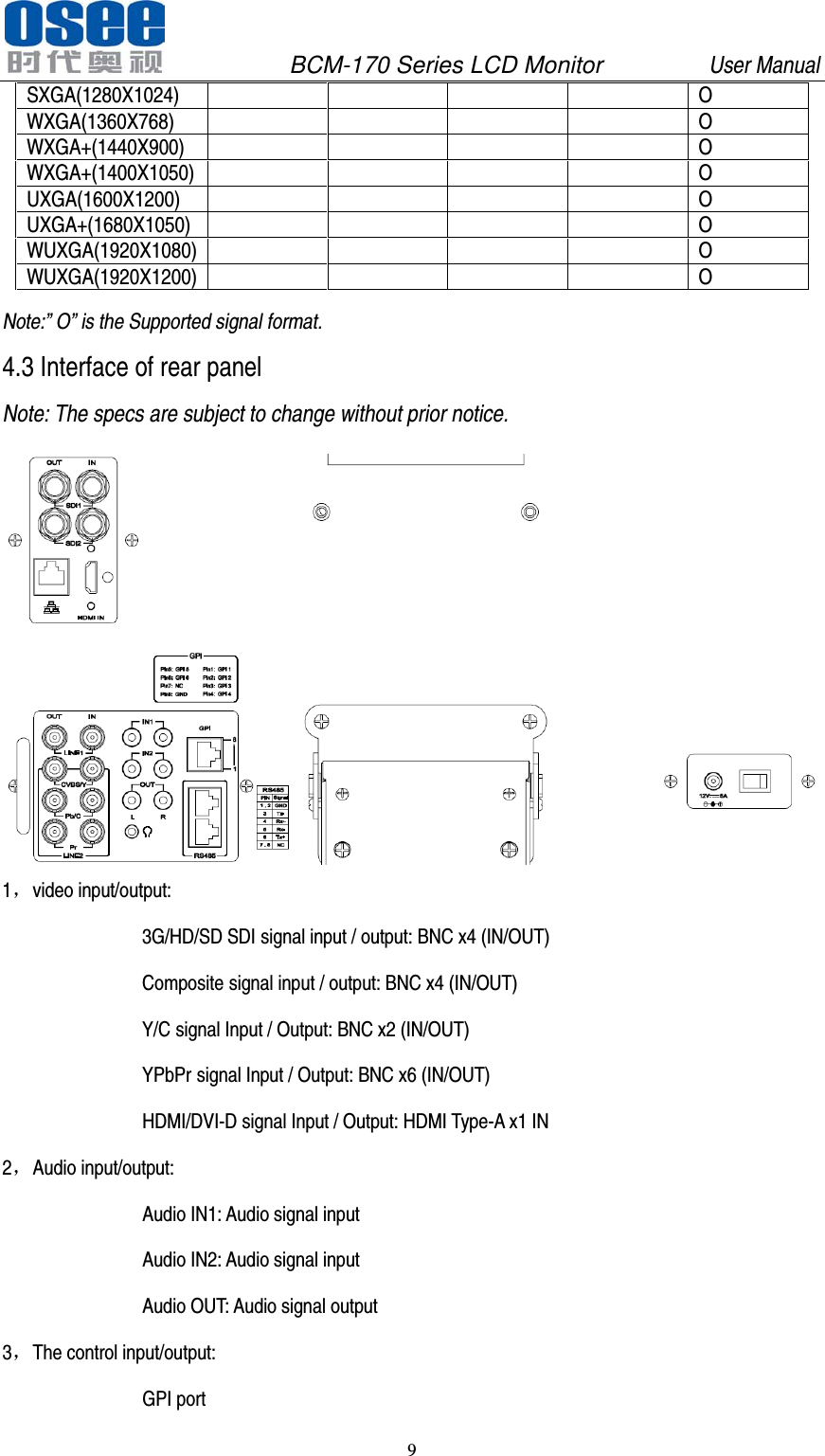               BCM-170 Series LCD Monitor         User Manual 9   SXGA(1280X1024)     O WXGA(1360X768)     O WXGA+(1440X900)     O WXGA+(1400X1050)     O UXGA(1600X1200)     O UXGA+(1680X1050)     O WUXGA(1920X1080)     O WUXGA(1920X1200)     O Note:&rdquo; O&rdquo; is the Supported signal format. 4.3 Interface of rear panel Note: The specs are subject to change without prior notice.  1，video input/output:   3G/HD/SD SDI signal input / output: BNC x4 (IN/OUT) Composite signal input / output: BNC x4 (IN/OUT) Y/C signal Input / Output: BNC x2 (IN/OUT) YPbPr signal Input / Output: BNC x6 (IN/OUT) HDMI/DVI-D signal Input / Output: HDMI Type-A x1 IN 2，Audio input/output: Audio IN1: Audio signal input Audio IN2: Audio signal input Audio OUT: Audio signal output 3，The control input/output:   GPI port 