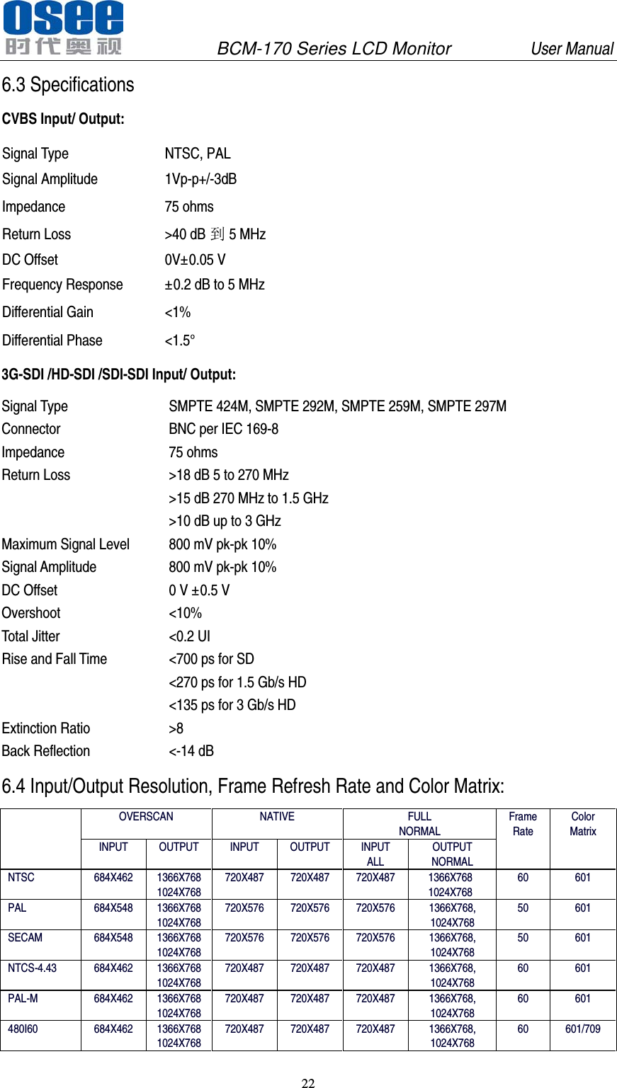               BCM-170 Series LCD Monitor         User Manual 22  6.3 Specifications CVBS Input/ Output: Signal Type NTSC, PAL Signal Amplitude 1Vp-p+/-3dB Impedance 75 ohms Return Loss >40 dB 到5 MHz DC Offset 0V&plusmn;0.05 V Frequency Response &plusmn;0.2 dB to 5 MHz Differential Gain <1% Differential Phase <1.5&deg; 3G-SDI /HD-SDI /SDI-SDI Input/ Output: Signal Type SMPTE 424M, SMPTE 292M, SMPTE 259M, SMPTE 297M Connector BNC per IEC 169-8 Impedance 75 ohms Return Loss >18 dB 5 to 270 MHz >15 dB 270 MHz to 1.5 GHz >10 dB up to 3 GHz Maximum Signal Level 800 mV pk-pk 10% Signal Amplitude 800 mV pk-pk 10% DC Offset 0 V &plusmn;0.5 V Overshoot <10% Total Jitter <0.2 UI Rise and Fall Time <700 ps for SD <270 ps for 1.5 Gb/s HD <135 ps for 3 Gb/s HD Extinction Ratio >8 Back Reflection  <-14 dB 6.4 Input/Output Resolution, Frame Refresh Rate and Color Matrix:  OVERSCAN NATIVE FULL NORMAL Frame Rate Color Matrix INPUT OUTPUT INPUT OUTPUT INPUT ALL OUTPUT NORMAL NTSC 684X462 1366X768 1024X768 720X487 720X487 720X487 1366X768 1024X768 60 601 PAL 684X548 1366X768 1024X768 720X576 720X576 720X576 1366X768, 1024X768 50 601 SECAM 684X548 1366X768 1024X768 720X576 720X576 720X576 1366X768, 1024X768 50 601 NTCS-4.43 684X462 1366X768 1024X768 720X487 720X487 720X487 1366X768, 1024X768 60 601 PAL-M 684X462 1366X768 1024X768 720X487 720X487 720X487 1366X768, 1024X768 60 601 480I60 684X462 1366X768 1024X768 720X487 720X487 720X487 1366X768, 1024X768 60 601/709 