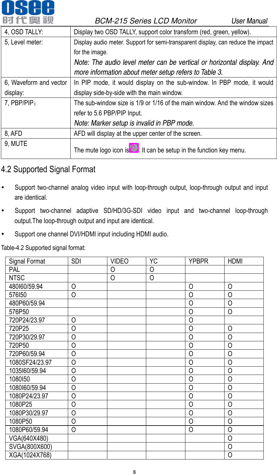               BCM-215 Series LCD Monitor         User Manual 8   4, OSD TALLY:  Display two OSD TALLY, support color transform (red, green, yellow). 5, Level meter:  Display audio meter. Support for semi-transparent display, can reduce the impact for the image. Note: The audio level meter can be vertical or horizontal display. And more information about meter setup refers to Table 3. 6, Waveform and vector display: In PIP mode, it would display on the sub-window. In PBP mode, it would display side-by-side with the main window. 7, PBP/PIP： The sub-window size is 1/9 or 1/16 of the main window. And the window sizes refer to 5.6 PBP/PIP Input. Note: Marker setup is invalid in PBP mode.   8, AFD  AFD will display at the upper center of the screen. 9, MUTE  The mute logo icon is . It can be setup in the function key menu. 4.2 Supported Signal Format  Support two-channel analog video input with loop-through output, loop-through output and input are identical.  Support two-channel adaptive SD/HD/3G-SDI video input and two-channel loop-through output.The loop-through output and input are identical.  Support one channel DVI/HDMI input including HDMI audio. Table-4.2 Supported signal format: Signal Format  SDI  VIDEO  YC  YPBPR  HDMI PAL  O O    NTSC   O O    480I60/59.94 O   O O 576I50 O   O O 480P60/59.94     O O 576P50     O O 720P24/23.97 O   O  720P25 O   O O 720P30/29.97 O   O O 720P50 O   O O 720P60/59.94 O   O O 1080SF24/23.97 O   O O 1035I60/59.94 O   O O 1080I50 O   O O 1080I60/59.94 O   O O 1080P24/23.97 O   O O 1080P25 O   O O 1080P30/29.97 O   O O 1080P50 O   O O 1080P60/59.94 O   O O VGA(640X480)      O SVGA(800X600)      O XGA(1024X768)      O 
