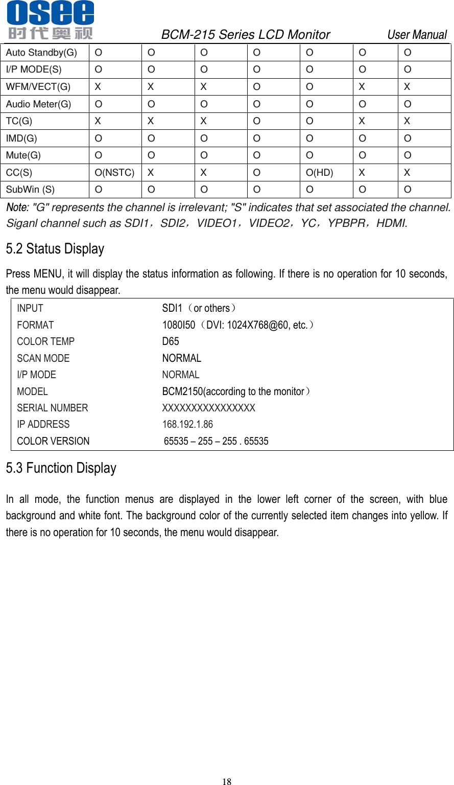               BCM-215 Series LCD Monitor         User Manual 18   Auto Standby(G) O O O O O O O I/P MODE(S) O O O O O O O WFM/VECT(G) X X X O O X X Audio Meter(G) O O O O O O O TC(G)  X X X O O X X IMD(G)  O O O O O O O Mute(G)  O O O O O O O CC(S) O(NSTC) X X O O(HD) X X SubWin (S) O O O O O O O Note: "G" represents the channel is irrelevant; "S" indicates that set associated the channel. Siganl channel such as SDI1，SDI2，VIDEO1，VIDEO2，YC，YPBPR，HDMI. 5.2 Status Display Press MENU, it will display the status information as following. If there is no operation for 10 seconds, the menu would disappear. INPUT       SDI1（or others） FORMAT      1080I50（DVI: 1024X768@60, etc.） COLOR TEMP     D65 SCAN MODE     NORMAL I/P MODE     NORMAL MODEL      BCM2150(according to the monitor） SERIAL NUMBER    XXXXXXXXXXXXXXXX IP ADDRESS     168.192.1.86          COLOR VERSION              65535 &ndash; 255 &ndash; 255 . 65535 5.3 Function Display In all mode, the function menus are displayed in the lower left corner of the screen, with blue background and white font. The background color of the currently selected item changes into yellow. If there is no operation for 10 seconds, the menu would disappear. 