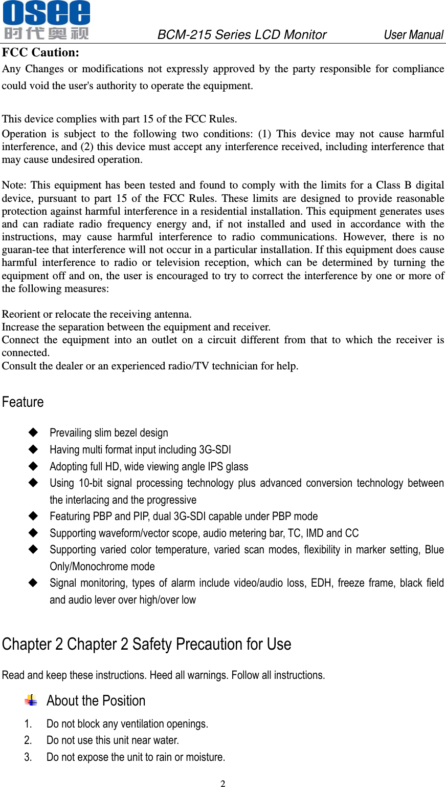 OSEE TECHNOLOGY BCM-215LCDM LCD Monitor User Manual