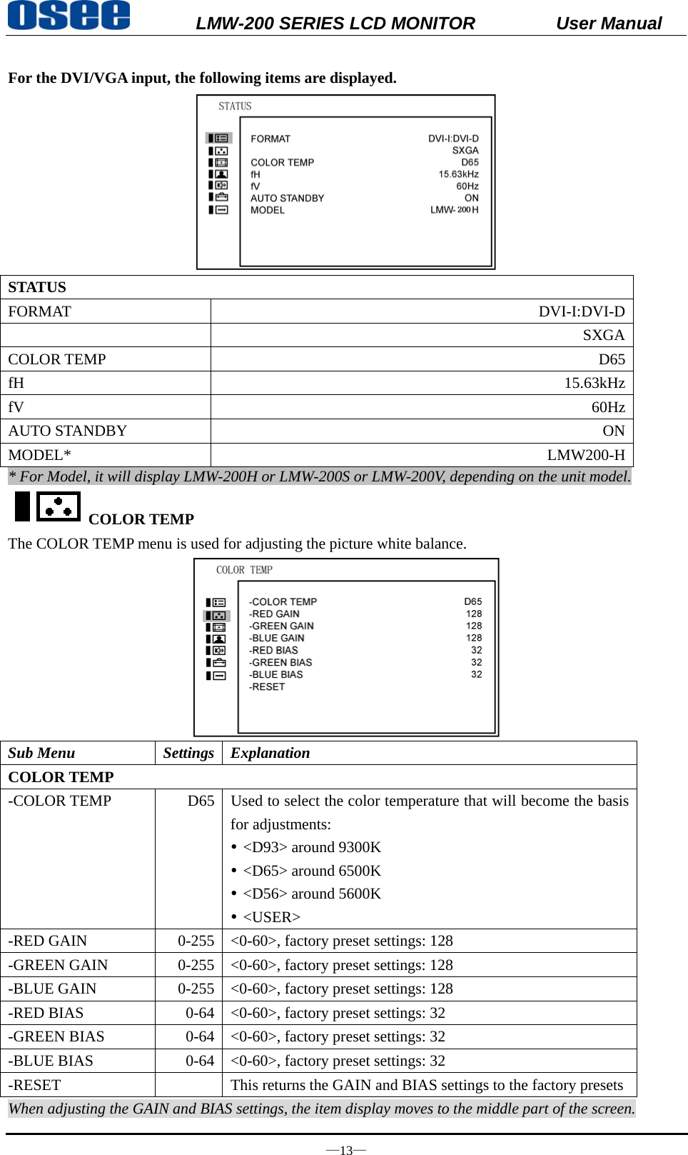           LMW-200 SERIES LCD MONITOR           User Manual &mdash;13&mdash;  For the DVI/VGA input, the following items are displayed.  STATUS FORMAT DVI-I:DVI-D SXGACOLOR TEMP  D65fH  15.63kHzfV  60HzAUTO STANDBY  ONMODEL* LMW200-H* For Model, it will display LMW-200H or LMW-200S or LMW-200V, depending on the unit model. COLOR TEMP The COLOR TEMP menu is used for adjusting the picture white balance.  Sub Menu  Settings  Explanation COLOR TEMP -COLOR TEMP  D65  Used to select the color temperature that will become the basis for adjustments: y <D93> around 9300K y <D65> around 6500K y <D56> around 5600K y <USER> -RED GAIN  0-255  <0-60>, factory preset settings: 128 -GREEN GAIN  0-255  <0-60>, factory preset settings: 128 -BLUE GAIN  0-255  <0-60>, factory preset settings: 128 -RED BIAS  0-64  <0-60>, factory preset settings: 32 -GREEN BIAS  0-64  <0-60>, factory preset settings: 32 -BLUE BIAS  0-64  <0-60>, factory preset settings: 32 -RESET    This returns the GAIN and BIAS settings to the factory presetsWhen adjusting the GAIN and BIAS settings, the item display moves to the middle part of the screen. 