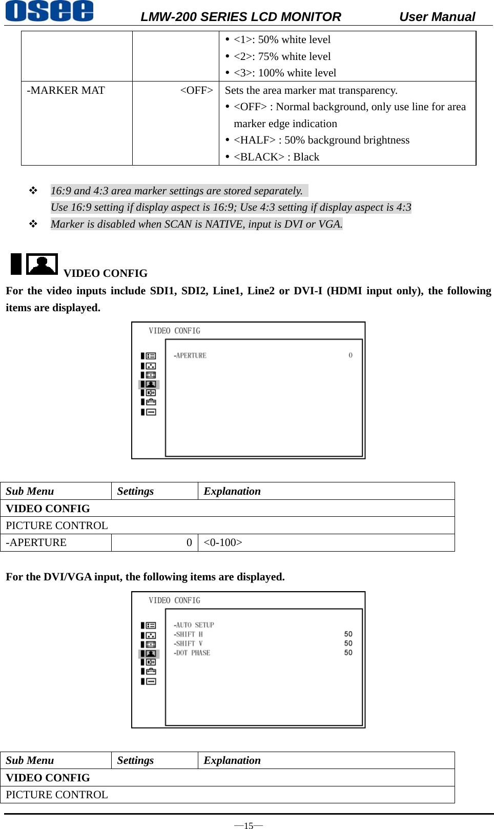           LMW-200 SERIES LCD MONITOR           User Manual &mdash;15&mdash; y <1>: 50% white level y <2>: 75% white level   y <3>: 100% white level -MARKER MAT  <OFF> Sets the area marker mat transparency.   y <OFF> : Normal background, only use line for area marker edge indication y <HALF> : 50% background brightness y <BLACK> : Black     16:9 and 4:3 area marker settings are stored separately.   Use 16:9 setting if display aspect is 16:9; Use 4:3 setting if display aspect is 4:3  Marker is disabled when SCAN is NATIVE, input is DVI or VGA.  VIDEO CONFIG   For the video inputs include SDI1, SDI2, Line1, Line2 or DVI-I (HDMI input only), the following items are displayed.   Sub Menu  Settings  Explanation VIDEO CONFIG   PICTURE CONTROL -APERTURE 0 <0-100>  For the DVI/VGA input, the following items are displayed.   Sub Menu  Settings  Explanation VIDEO CONFIG   PICTURE CONTROL 