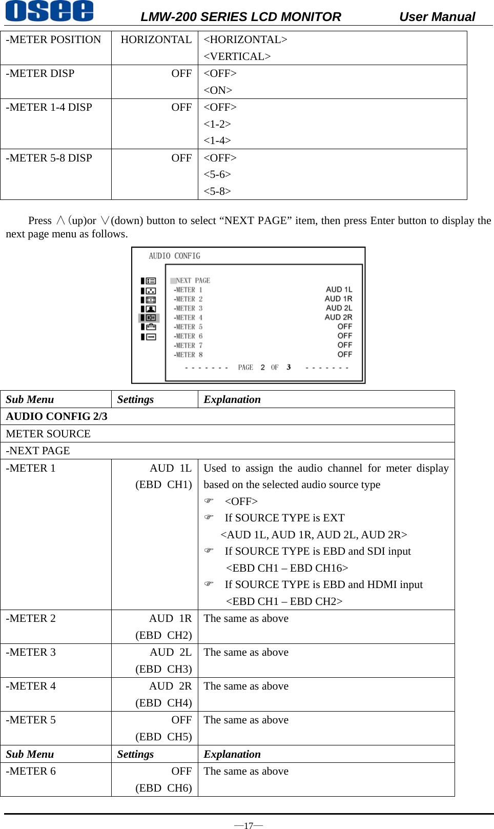           LMW-200 SERIES LCD MONITOR           User Manual &mdash;17&mdash; -METER POSITION  HORIZONTAL <HORIZONTAL> <VERTICAL> -METER DISP  OFF <OFF> <ON> -METER 1-4 DISP  OFF <OFF> <1-2> <1-4> -METER 5-8 DISP  OFF <OFF> <5-6> <5-8>  Press &and;(up)or &or;(down) button to select &ldquo;NEXT PAGE&rdquo; item, then press Enter button to display the next page menu as follows.    Sub Menu  Settings  Explanation AUDIO CONFIG 2/3 METER SOURCE -NEXT PAGE -METER 1  AUD  1L(EBD CH1)Used to assign the audio channel for meter display based on the selected audio source type ) <OFF> ) If SOURCE TYPE is EXT <AUD 1L, AUD 1R, AUD 2L, AUD 2R> ) If SOURCE TYPE is EBD and SDI input <EBD CH1 &ndash; EBD CH16> ) If SOURCE TYPE is EBD and HDMI input <EBD CH1 &ndash; EBD CH2> -METER 2  AUD  1R(EBD CH2)The same as above -METER 3  AUD  2L(EBD CH3)The same as above -METER 4  AUD  2R(EBD CH4)The same as above -METER 5  OFF(EBD CH5)The same as above Sub Menu  Settings  Explanation -METER 6  OFF(EBD CH6)The same as above 