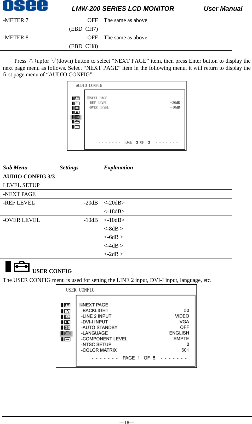           LMW-200 SERIES LCD MONITOR           User Manual &mdash;18&mdash; -METER 7  OFF(EBD CH7)The same as above -METER 8  OFF(EBD CH8)The same as above  Press &and;(up)or &or;(down) button to select &ldquo;NEXT PAGE&rdquo; item, then press Enter button to display the next page menu as follows. Select &ldquo;NEXT PAGE&rdquo; item in the following menu, it will return to display the first page menu of &ldquo;AUDIO CONFIG&rdquo;.  Sub Menu  Settings  Explanation AUDIO CONFIG 3/3 LEVEL SETUP -NEXT PAGE -REF LEVEL  -20dB <-20dB> <-18dB> -OVER LEVEL  -10dB <-10dB> <-8dB > <-6dB > <-4dB > <-2dB > USER CONFIG The USER CONFIG menu is used for setting the LINE 2 input, DVI-I input, language, etc.         