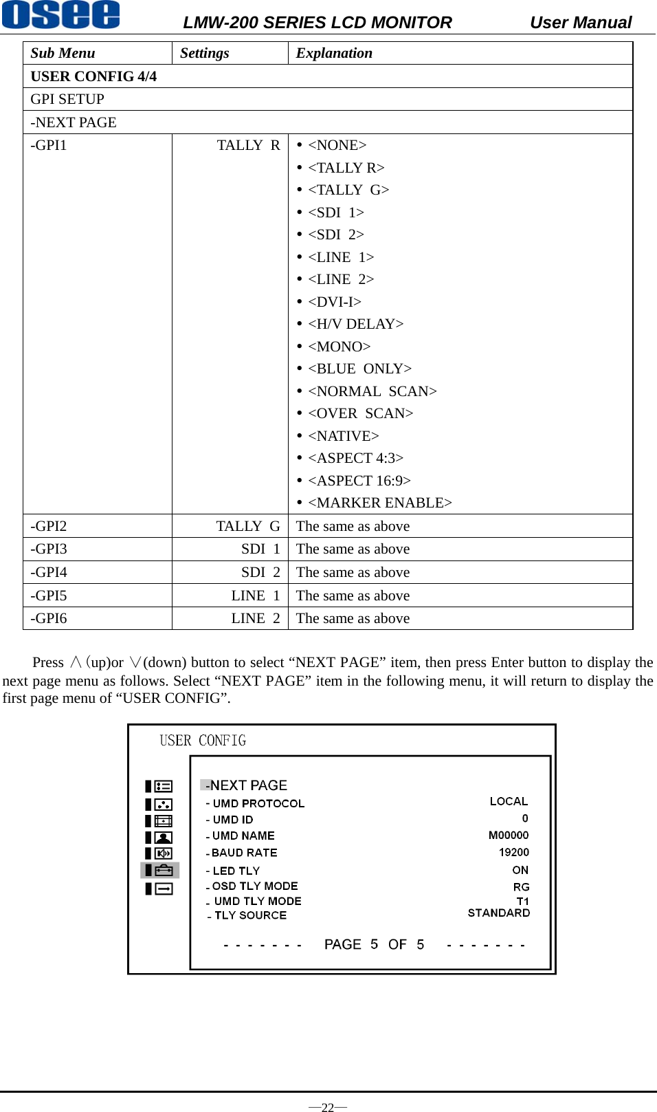           LMW-200 SERIES LCD MONITOR           User Manual &mdash;22&mdash; Sub Menu  Settings  Explanation USER CONFIG 4/4 GPI SETUP -NEXT PAGE -GPI1 TALLY R y <NONE> y <TALLY R> y <TALLY G> y <SDI 1> y <SDI 2> y <LINE 1> y <LINE 2> y <DVI-I> y <H/V DELAY> y <MONO> y <BLUE ONLY> y <NORMAL SCAN> y <OVER SCAN> y <NATIVE> y <ASPECT 4:3> y <ASPECT 16:9> y <MARKER ENABLE> -GPI2  TALLY  G The same as above -GPI3  SDI  1 The same as above -GPI4  SDI  2 The same as above -GPI5  LINE  1 The same as above -GPI6  LINE  2 The same as above  Press &and;(up)or &or;(down) button to select &ldquo;NEXT PAGE&rdquo; item, then press Enter button to display the next page menu as follows. Select &ldquo;NEXT PAGE&rdquo; item in the following menu, it will return to display the first page menu of &ldquo;USER CONFIG&rdquo;.        