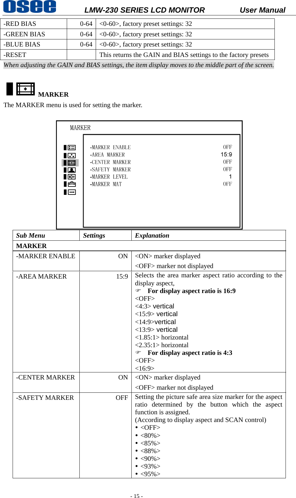           LMW-230 SERIES LCD MONITOR           User Manual   - 15 - -RED BIAS  0-64  <0-60>, factory preset settings: 32 -GREEN BIAS  0-64  <0-60>, factory preset settings: 32 -BLUE BIAS  0-64  <0-60>, factory preset settings: 32 -RESET    This returns the GAIN and BIAS settings to the factory presetsWhen adjusting the GAIN and BIAS settings, the item display moves to the middle part of the screen.  MARKER  The MARKER menu is used for setting the marker.   Sub Menu  Settings  Explanation MARKER -MARKER ENABLE  ON <ON> marker displayed <OFF> marker not displayed -AREA MARKER  15:9 Selects the area marker aspect ratio according to the display aspect, ) For display aspect ratio is 16:9 <OFF> <4:3> vertical <15:9> vertical <14:9>vertical <13:9> vertical <1.85:1> horizontal <2.35:1> horizontal ) For display aspect ratio is 4:3 <OFF> <16:9> -CENTER MARKER  ON <ON> marker displayed <OFF> marker not displayed -SAFETY MARKER  OFF Setting the picture safe area size marker for the aspect ratio determined by the button which the aspect function is assigned. (According to display aspect and SCAN control) y <OFF> y <80%> y <85%> y <88%> y <90%> y <93%> y <95%> 