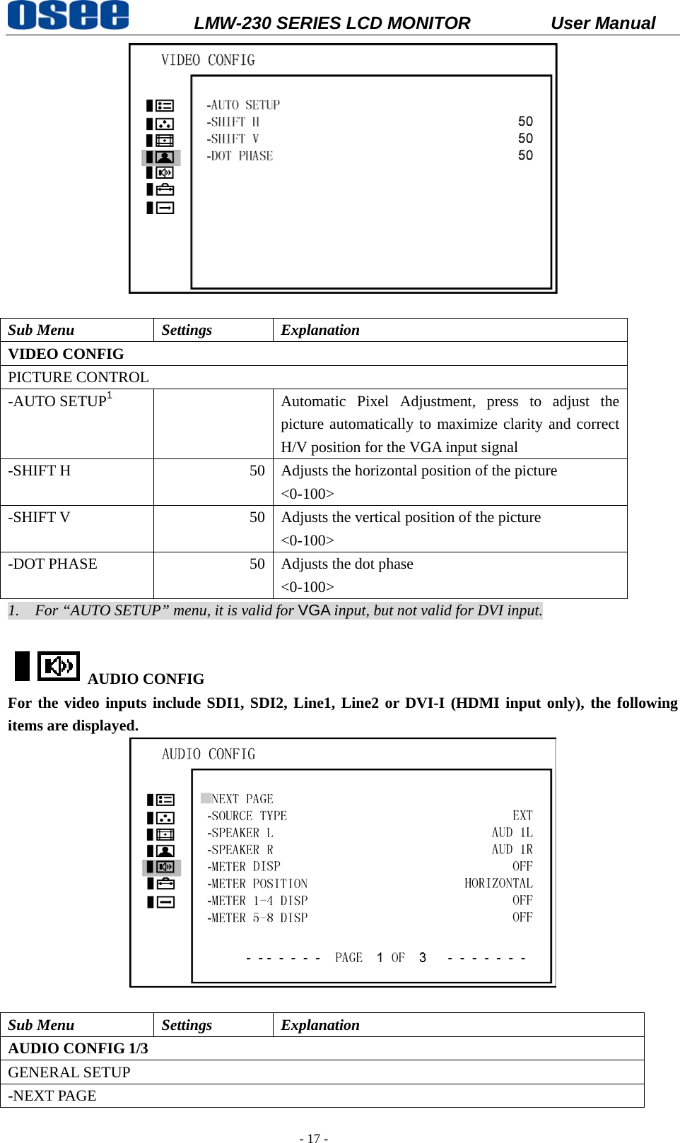           LMW-230 SERIES LCD MONITOR           User Manual   - 17 -   Sub Menu  Settings  Explanation VIDEO CONFIG   PICTURE CONTROL -AUTO SETUP1  Automatic Pixel Adjustment, press to adjust the picture automatically to maximize clarity and correct H/V position for the VGA input signal -SHIFT H  50 Adjusts the horizontal position of the picture <0-100> -SHIFT V  50 Adjusts the vertical position of the picture <0-100> -DOT PHASE  50 Adjusts the dot phase <0-100> 1.    For &ldquo;AUTO SETUP&rdquo; menu, it is valid for VGA input, but not valid for DVI input.  AUDIO CONFIG   For the video inputs include SDI1, SDI2, Line1, Line2 or DVI-I (HDMI input only), the following items are displayed.   Sub Menu  Settings  Explanation AUDIO CONFIG 1/3 GENERAL SETUP -NEXT PAGE 