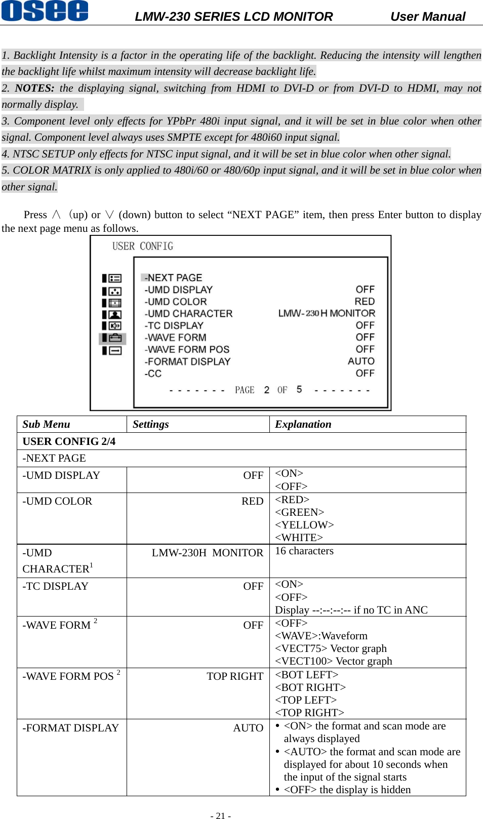           LMW-230 SERIES LCD MONITOR           User Manual   - 21 -  1. Backlight Intensity is a factor in the operating life of the backlight. Reducing the intensity will lengthen the backlight life whilst maximum intensity will decrease backlight life. 2.  NOTES:  the displaying signal, switching from HDMI to DVI-D or from DVI-D to HDMI, may not normally display.   3. Component level only effects for YPbPr 480i input signal, and it will be set in blue color when other signal. Component level always uses SMPTE except for 480i60 input signal. 4. NTSC SETUP only effects for NTSC input signal, and it will be set in blue color when other signal. 5. COLOR MATRIX is only applied to 480i/60 or 480/60p input signal, and it will be set in blue color when other signal.  Press &and; (up) or &or; (down) button to select &ldquo;NEXT PAGE&rdquo; item, then press Enter button to display the next page menu as follows.    Sub Menu  Settings  Explanation USER CONFIG 2/4 -NEXT PAGE -UMD DISPLAY  OFF <ON> <OFF> -UMD COLOR  RED <RED> <GREEN> <YELLOW> <WHITE> -UMD CHARACTER1 LMW-230H MONITOR 16 characters -TC DISPLAY  OFF <ON> <OFF> Display --:--:--:-- if no TC in ANC -WAVE FORM 2 OFF <OFF> <WAVE>:Waveform <VECT75> Vector graph <VECT100> Vector graph -WAVE FORM POS 2   TOP RIGHT <BOT LEFT> <BOT RIGHT> <TOP LEFT> <TOP RIGHT> -FORMAT DISPLAY  AUTO y <ON> the format and scan mode are always displayed y <AUTO> the format and scan mode are displayed for about 10 seconds when the input of the signal starts y <OFF> the display is hidden   