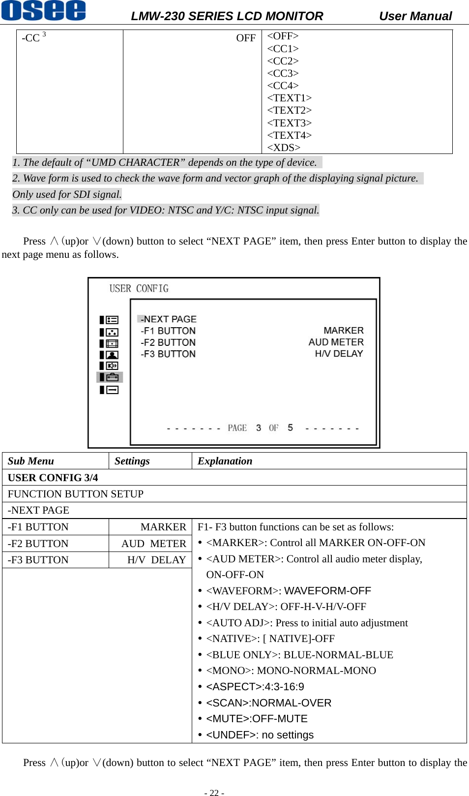           LMW-230 SERIES LCD MONITOR           User Manual   - 22 - -CC 3 OFF <OFF> <CC1>  <CC2>  <CC3>  <CC4>  <TEXT1> <TEXT2> <TEXT3> <TEXT4> <XDS> 1. The default of &ldquo;UMD CHARACTER&rdquo; depends on the type of device.   2. Wave form is used to check the wave form and vector graph of the displaying signal picture.   Only used for SDI signal. 3. CC only can be used for VIDEO: NTSC and Y/C: NTSC input signal.   Press &and;(up)or &or;(down) button to select &ldquo;NEXT PAGE&rdquo; item, then press Enter button to display the next page menu as follows.     Sub Menu  Settings  Explanation USER CONFIG 3/4 FUNCTION BUTTON SETUP -NEXT PAGE -F1 BUTTON  MARKER F1- F3 button functions can be set as follows: y <MARKER>: Control all MARKER ON-OFF-ON y <AUD METER>: Control all audio meter display, ON-OFF-ON y <WAVEFORM>: WAVEFORM-OFF y <H/V DELAY>: OFF-H-V-H/V-OFF y <AUTO ADJ>: Press to initial auto adjustment y <NATIVE>: [ NATIVE]-OFF y <BLUE ONLY>: BLUE-NORMAL-BLUE y <MONO>: MONO-NORMAL-MONO y <ASPECT>:4:3-16:9 y <SCAN>:NORMAL-OVER y <MUTE>:OFF-MUTE y <UNDEF>: no settings -F2 BUTTON  AUD  METER-F3 BUTTON  H/V  DELAY Press &and;(up)or &or;(down) button to select &ldquo;NEXT PAGE&rdquo; item, then press Enter button to display the 
