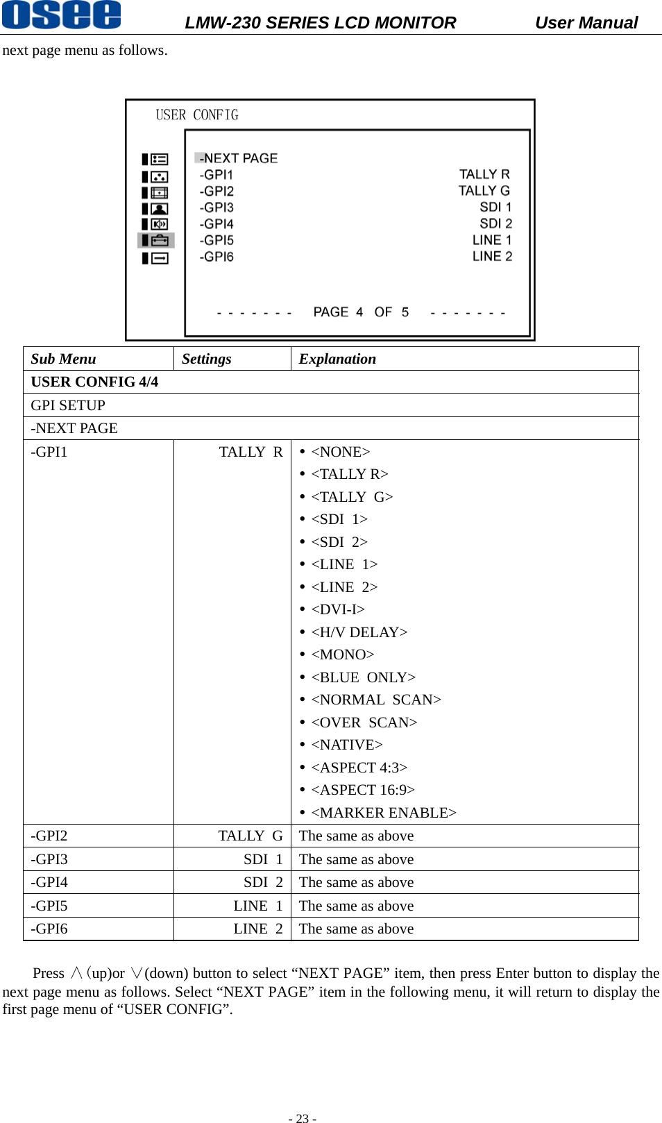           LMW-230 SERIES LCD MONITOR           User Manual   - 23 - next page menu as follows.    Sub Menu  Settings  Explanation USER CONFIG 4/4 GPI SETUP -NEXT PAGE -GPI1 TALLY R y <NONE> y <TALLY R> y <TALLY G> y <SDI 1> y <SDI 2> y <LINE 1> y <LINE 2> y <DVI-I> y <H/V DELAY> y <MONO> y <BLUE ONLY> y <NORMAL SCAN> y <OVER SCAN> y <NATIVE> y <ASPECT 4:3> y <ASPECT 16:9> y <MARKER ENABLE> -GPI2  TALLY  G The same as above -GPI3  SDI  1 The same as above -GPI4  SDI  2 The same as above -GPI5  LINE  1 The same as above -GPI6  LINE  2 The same as above  Press &and;(up)or &or;(down) button to select &ldquo;NEXT PAGE&rdquo; item, then press Enter button to display the next page menu as follows. Select &ldquo;NEXT PAGE&rdquo; item in the following menu, it will return to display the first page menu of &ldquo;USER CONFIG&rdquo;.  