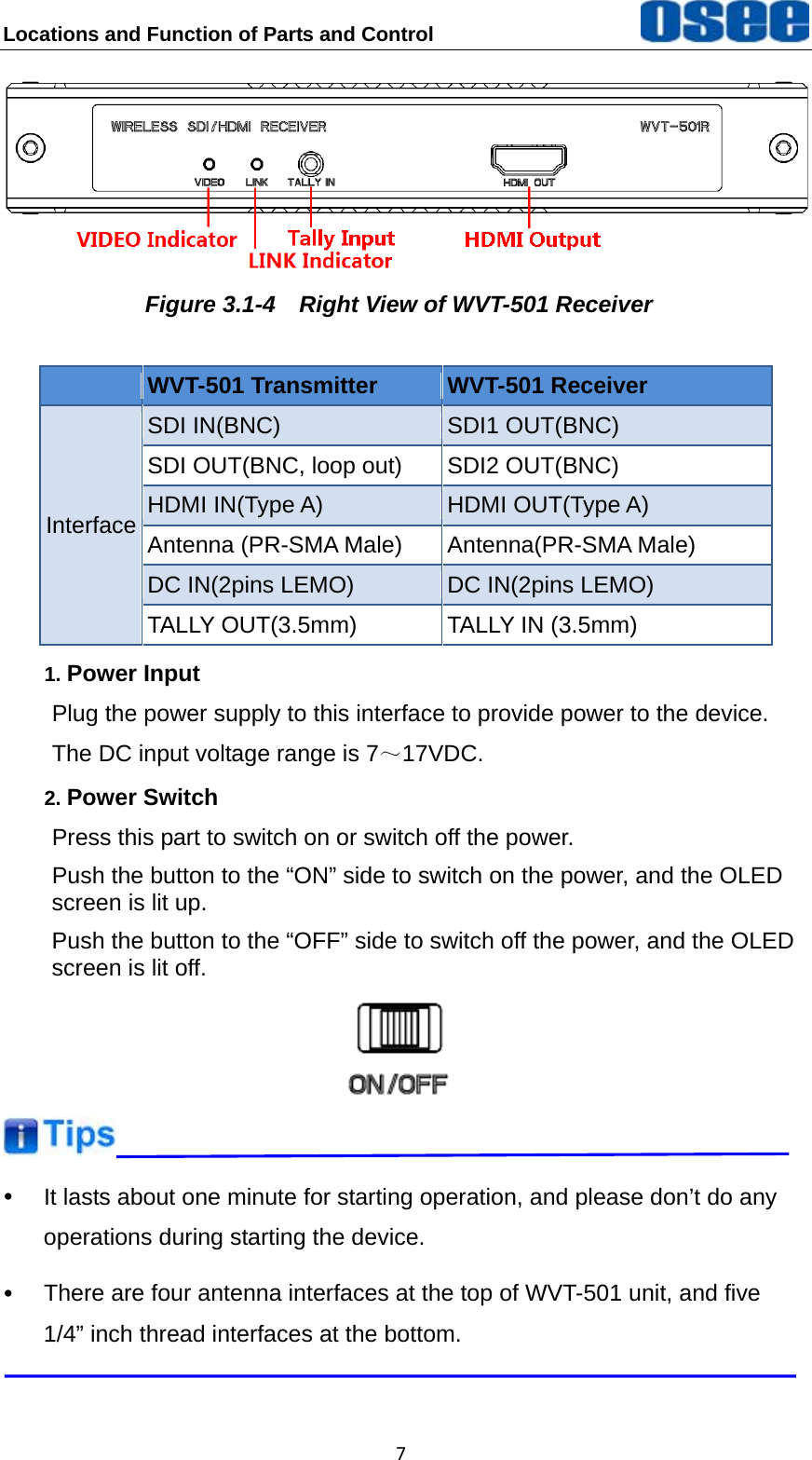 Locations and Function of Parts and Control   7 Figure 3.1-4    Right View of WVT-501 Receiver  WVT-501 Transmitter  WVT-501 Receiver Interface SDI IN(BNC)  SDI1 OUT(BNC) SDI OUT(BNC, loop out)  SDI2 OUT(BNC) HDMI IN(Type A)  HDMI OUT(Type A) Antenna (PR-SMA Male)  Antenna(PR-SMA Male) DC IN(2pins LEMO)  DC IN(2pins LEMO) TALLY OUT(3.5mm)  TALLY IN (3.5mm) 1. Power Input Plug the power supply to this interface to provide power to the device. The DC input voltage range is 7～17VDC. 2. Power Switch Press this part to switch on or switch off the power. Push the button to the &ldquo;ON&rdquo; side to switch on the power, and the OLED screen is lit up. Push the button to the &ldquo;OFF&rdquo; side to switch off the power, and the OLED screen is lit off.   y  It lasts about one minute for starting operation, and please don&rsquo;t do any operations during starting the device. y  There are four antenna interfaces at the top of WVT-501 unit, and five 1/4&rdquo; inch thread interfaces at the bottom.  