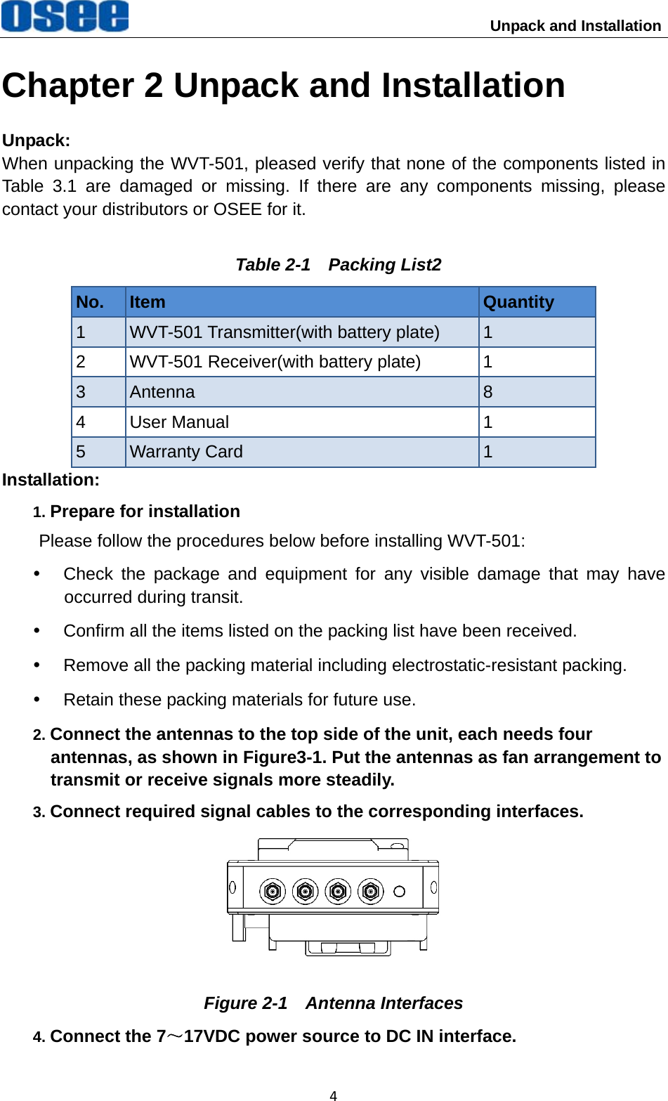                           Unpack and Installation 4Chapter 2 Unpack and Installation Unpack: When unpacking the WVT-501, pleased verify that none of the components listed in Table 3.1 are damaged or missing. If there are any components missing, please contact your distributors or OSEE for it. Table 2-1    Packing List2No.  Item  Quantity 1  WVT-501 Transmitter(with battery plate)  1 2  WVT-501 Receiver(with battery plate)  1 3  Antenna  8 4 User Manual  1 5  Warranty Card  1 Installation: 1. Prepare for installation Please follow the procedures below before installing WVT-501: y  Check the package and equipment for any visible damage that may have occurred during transit. y  Confirm all the items listed on the packing list have been received. y  Remove all the packing material including electrostatic-resistant packing. y  Retain these packing materials for future use. 2. Connect the antennas to the top side of the unit, each needs four antennas, as shown in Figure3-1. Put the antennas as fan arrangement to transmit or receive signals more steadily. 3. Connect required signal cables to the corresponding interfaces.  Figure 2-1  Antenna Interfaces 4. Connect the 7～17VDC power source to DC IN interface. 