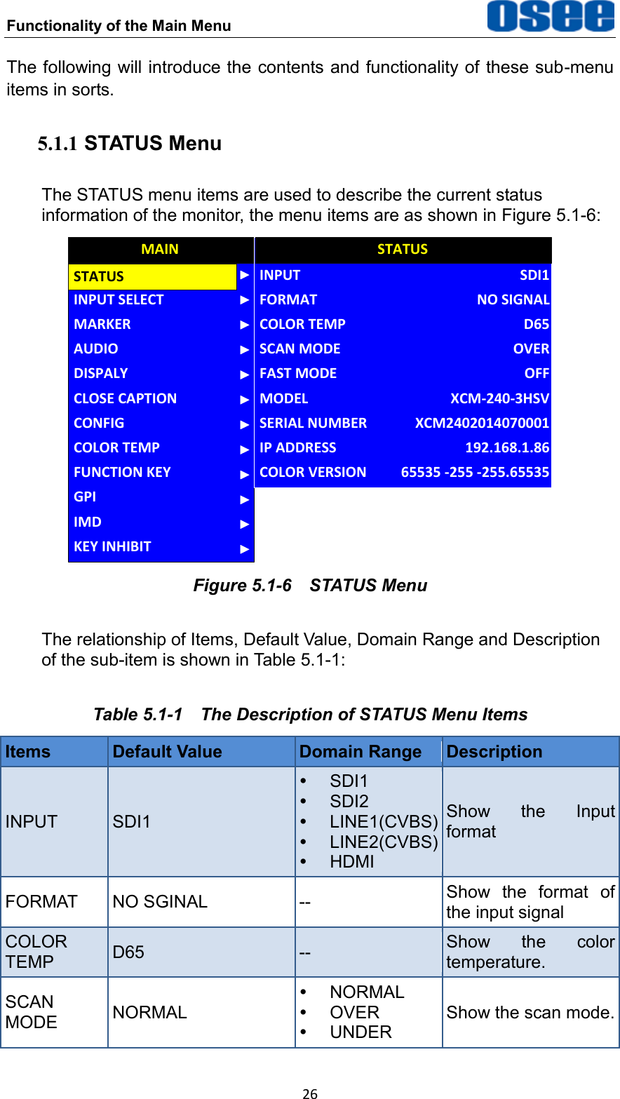 Functionality of the Main Menu  26 The following will introduce the contents and functionality of these sub-menu items in sorts. 5.1.1 STATUS Menu The STATUS menu items are used to describe the current status information of the monitor, the menu items are as shown in Figure 5.1-6: CLOSE CAPTIONINPUT SELECTMARKERAUDIODISPALYCONFIGCOLOR TEMPFUNCTION KEYGPIMAINMODELINPUTFORMATCOLOR TEMPSCAN MODEFAST MODESERIAL NUMBERIP ADDRESSCOLOR VERSIONSTATUSXCM-240-3HSVSDI1NO SIGNALD65OVEROFFXCM2402014070001192.168.1.8665535 -255 -255.65535STATUSIMDKEY INHIBIT Figure 5.1-6  STATUS Menu The relationship of Items, Default Value, Domain Range and Description of the sub-item is shown in Table 5.1-1: Table 5.1-1  The Description of STATUS Menu Items Items Default Value Domain Range Description INPUT SDI1   SDI1   SDI2   LINE1(CVBS)   LINE2(CVBS)   HDMI Show  the  Input format FORMAT NO SGINAL -- Show  the  format  of the input signal COLOR TEMP D65 -- Show  the  color temperature. SCAN MODE NORMAL   NORMAL   OVER   UNDER Show the scan mode. 