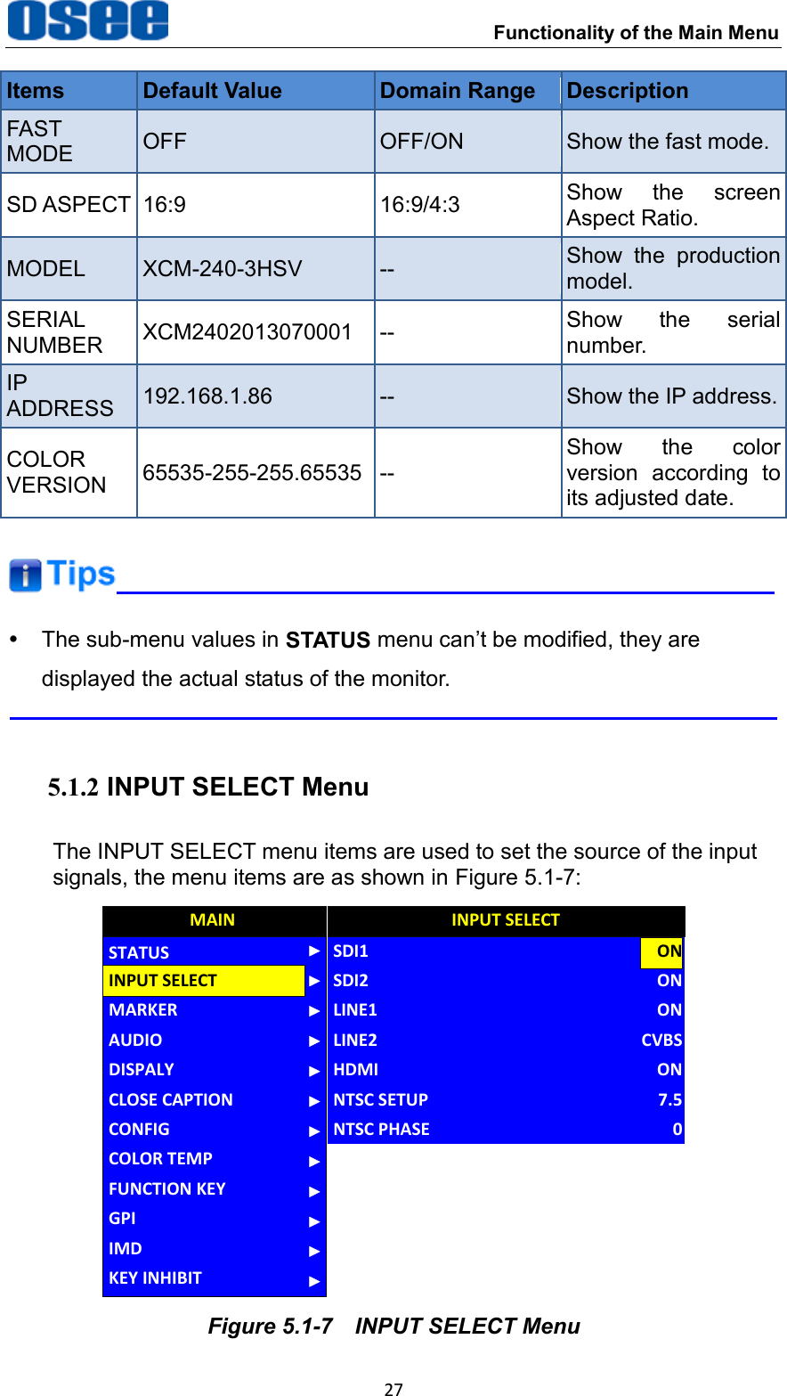  Functionality of the Main Menu 27 Items Default Value Domain Range Description FAST MODE OFF OFF/ON Show the fast mode. SD ASPECT 16:9 16:9/4:3 Show  the  screen Aspect Ratio. MODEL XCM-240-3HSV -- Show  the  production model. SERIAL NUMBER XCM2402013070001 -- Show  the  serial number. IP ADDRESS 192.168.1.86 -- Show the IP address. COLOR VERSION 65535-255-255.65535 -- Show  the  color version  according  to its adjusted date.     The sub-menu values in STATUS menu can&rsquo;t be modified, they are displayed the actual status of the monitor.  5.1.2 INPUT SELECT Menu The INPUT SELECT menu items are used to set the source of the input signals, the menu items are as shown in Figure 5.1-7: CLOSE CAPTIONMARKERAUDIODISPALYCONFIGCOLOR TEMPFUNCTION KEYGPIMAININPUT SELECTSTATUSIMDKEY INHIBITNTSC SETUPSDI1SDI2LINE1LINE2HDMINTSC PHASEINPUT SELECT7.5ONONONCVBSON0 Figure 5.1-7  INPUT SELECT Menu 
