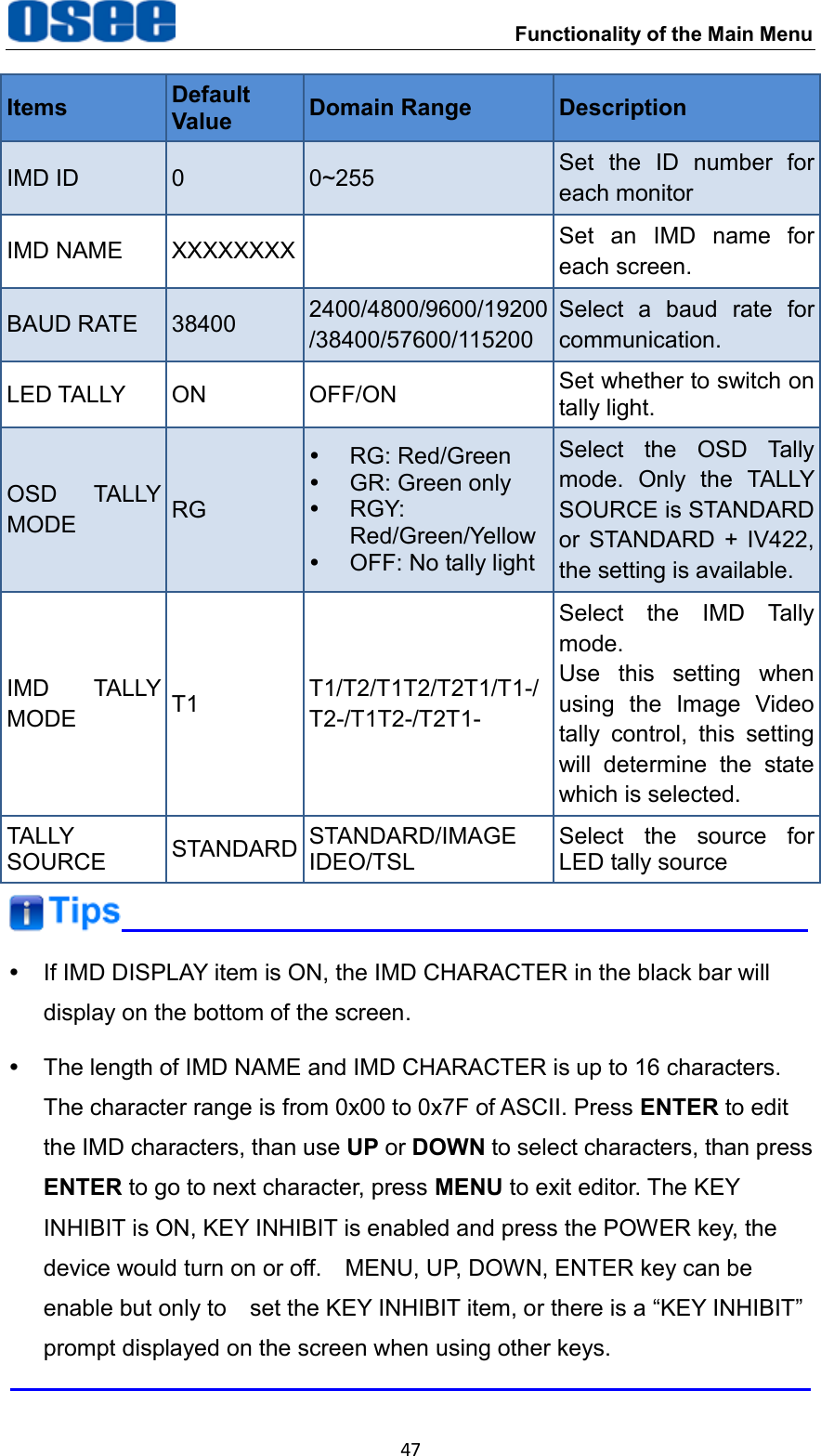  Functionality of the Main Menu 47 Items Default Value Domain Range Description IMD ID 0 0~255 Set  the  ID  number  for each monitor IMD NAME XXXXXXXX  Set  an  IMD  name  for each screen.   BAUD RATE 38400 2400/4800/9600/19200 /38400/57600/115200 Select  a  baud  rate  for communication. LED TALLY ON OFF/ON Set whether to switch on tally light. OSD  TALLY MODE RG  RG: Red/Green  GR: Green only   RGY: Red/Green/Yellow   OFF: No tally light Select  the  OSD  Tally mode.  Only  the  TALLY SOURCE is STANDARD or  STANDARD  +  IV422, the setting is available. IMD  TALLY MODE T1 T1/T2/T1T2/T2T1/T1-/ T2-/T1T2-/T2T1- Select  the  IMD  Tally mode. Use  this  setting  when using  the  Image  Video tally  control,  this  setting will  determine  the  state which is selected. TALLY SOURCE STANDARD STANDARD/IMAGE IDEO/TSL Select  the  source  for LED tally source   If IMD DISPLAY item is ON, the IMD CHARACTER in the black bar will display on the bottom of the screen.   The length of IMD NAME and IMD CHARACTER is up to 16 characters. The character range is from 0x00 to 0x7F of ASCII. Press ENTER to edit the IMD characters, than use UP or DOWN to select characters, than press ENTER to go to next character, press MENU to exit editor. The KEY INHIBIT is ON, KEY INHIBIT is enabled and press the POWER key, the device would turn on or off.    MENU, UP, DOWN, ENTER key can be enable but only to    set the KEY INHIBIT item, or there is a &ldquo;KEY INHIBIT&rdquo; prompt displayed on the screen when using other keys.  