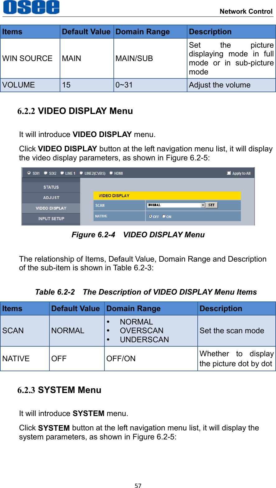  Network Control 57 Items Default Value Domain Range Description WIN SOURCE MAIN MAIN/SUB Set  the  picture displaying  mode  in  full mode  or  in  sub-picture mode VOLUME 15 0~31 Adjust the volume 6.2.2 VIDEO DISPLAY Menu It will introduce VIDEO DISPLAY menu. Click VIDEO DISPLAY button at the left navigation menu list, it will display the video display parameters, as shown in Figure 6.2-5:  Figure 6.2-4  VIDEO DISPLAY Menu The relationship of Items, Default Value, Domain Range and Description of the sub-item is shown in Table 6.2-3: Table 6.2-2  The Description of VIDEO DISPLAY Menu Items Items Default Value Domain Range Description SCAN NORMAL   NORMAL   OVERSCAN   UNDERSCAN Set the scan mode NATIVE OFF OFF/ON Whether  to  display the picture dot by dot 6.2.3 SYSTEM Menu It will introduce SYSTEM menu. Click SYSTEM button at the left navigation menu list, it will display the system parameters, as shown in Figure 6.2-5: 
