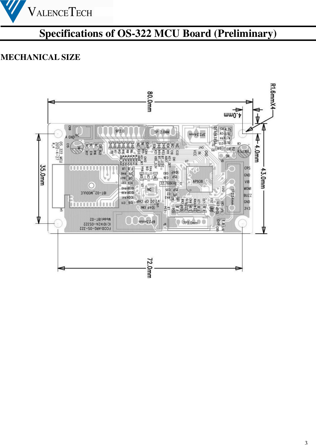  Specifications of OS-322 MCU Board (Preliminary)  3 MECHANICAL SIZE                         