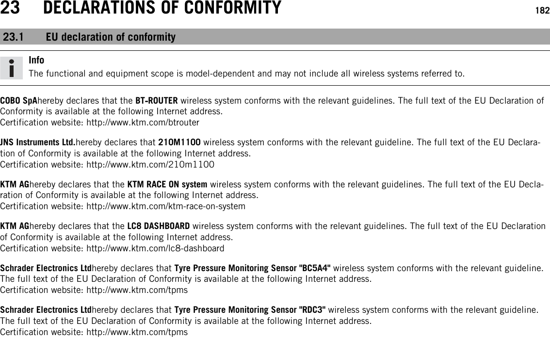 23 DECLARATIONS OF CONFORMITY 18223.1 EU declaration of conformityInfoThe functional and equipment scope is model-dependent and may not include all wireless systems referred to.COBO SpAhereby declares that the BT‑ROUTER wireless system conforms with the relevant guidelines. The full text of the EU Declaration ofConformity is available at the following Internet address.Certification website: http://www.ktm.com/btrouterJNS Instruments Ltd.hereby declares that 210M1100 wireless system conforms with the relevant guideline. The full text of the EU Declara-tion of Conformity is available at the following Internet address.Certification website: http://www.ktm.com/210m1100KTM AGhereby declares that the KTM RACE ON system wireless system conforms with the relevant guidelines. The full text of the EU Decla-ration of Conformity is available at the following Internet address.Certification website: http://www.ktm.com/ktm-race-on-systemKTM AGhereby declares that the LC8 DASHBOARD wireless system conforms with the relevant guidelines. The full text of the EU Declarationof Conformity is available at the following Internet address.Certification website: http://www.ktm.com/lc8-dashboardSchrader Electronics Ltdhereby declares that Tyre Pressure Monitoring Sensor &quot;BC5A4&quot; wireless system conforms with the relevant guideline.The full text of the EU Declaration of Conformity is available at the following Internet address.Certification website: http://www.ktm.com/tpmsSchrader Electronics Ltdhereby declares that Tyre Pressure Monitoring Sensor &quot;RDC3&quot; wireless system conforms with the relevant guideline.The full text of the EU Declaration of Conformity is available at the following Internet address.Certification website: http://www.ktm.com/tpms
