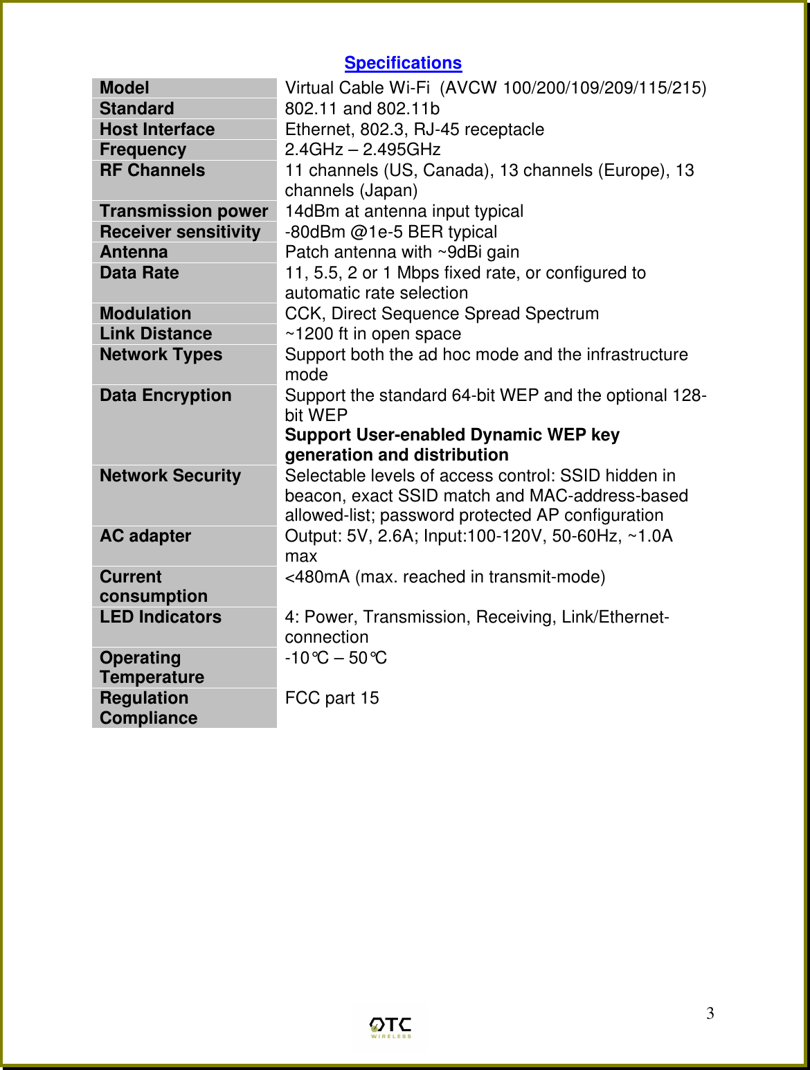  3Specifications Model Virtual Cable Wi-Fi  (AVCW 100/200/109/209/115/215) Standard 802.11 and 802.11b Host Interface Ethernet, 802.3, RJ-45 receptacle Frequency  2.4GHz &ndash; 2.495GHz RF Channels 11 channels (US, Canada), 13 channels (Europe), 13 channels (Japan) Transmission power 14dBm at antenna input typical Receiver sensitivity -80dBm @1e-5 BER typical Antenna Patch antenna with ~9dBi gain Data Rate 11, 5.5, 2 or 1 Mbps fixed rate, or configured to automatic rate selection Modulation CCK, Direct Sequence Spread Spectrum Link Distance ~1200 ft in open space Network Types Support both the ad hoc mode and the infrastructure mode Data Encryption Support the standard 64-bit WEP and the optional 128-bit WEP Support User-enabled Dynamic WEP key generation and distribution Network Security Selectable levels of access control: SSID hidden in beacon, exact SSID match and MAC-address-based allowed-list; password protected AP configuration AC adapter Output: 5V, 2.6A; Input:100-120V, 50-60Hz, ~1.0A max Current consumption <480mA (max. reached in transmit-mode) LED Indicators 4: Power, Transmission, Receiving, Link/Ethernet-connection Operating Temperature -10&deg;C &ndash; 50&deg;C Regulation Compliance FCC part 15     