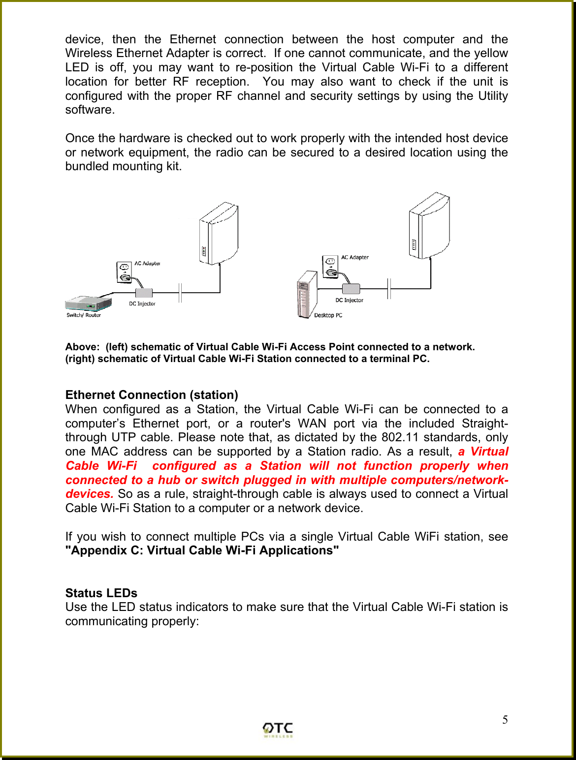 device, then the Ethernet connection between the host computer and the Wireless Ethernet Adapter is correct.  If one cannot communicate, and the yellow LED is off, you may want to re-position the Virtual Cable Wi-Fi to a different location for better RF reception.  You may also want to check if the unit is configured with the proper RF channel and security settings by using the Utility software.  Once the hardware is checked out to work properly with the intended host device or network equipment, the radio can be secured to a desired location using the bundled mounting kit.             Above:  (left) schematic of Virtual Cable Wi-Fi Access Point connected to a network.  (right) schematic of Virtual Cable Wi-Fi Station connected to a terminal PC.    Ethernet Connection (station) When configured as a Station, the Virtual Cable Wi-Fi can be connected to a computer&rsquo;s Ethernet port, or a router's WAN port via the included Straight-through UTP cable. Please note that, as dictated by the 802.11 standards, only one MAC address can be supported by a Station radio. As a result, a Virtual Cable Wi-Fi  configured as a Station will not function properly when connected to a hub or switch plugged in with multiple computers/network-devices. So as a rule, straight-through cable is always used to connect a Virtual Cable Wi-Fi Station to a computer or a network device.  If you wish to connect multiple PCs via a single Virtual Cable WiFi station, see "Appendix C: Virtual Cable Wi-Fi Applications"   Status LEDs Use the LED status indicators to make sure that the Virtual Cable Wi-Fi station is communicating properly:   5
