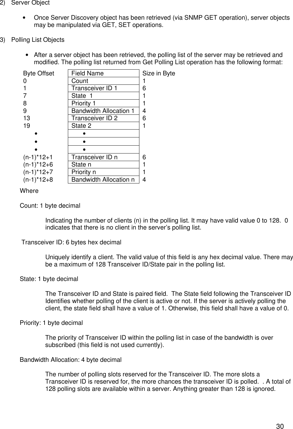  302) Server Object &bull; Once Server Discovery object has been retrieved (via SNMP GET operation), server objects may be manipulated via GET, SET operations. 3) Polling List Objects &bull; After a server object has been retrieved, the polling list of the server may be retrieved and modified. The polling list returned from Get Polling List operation has the following format: Byte Offset Field Name Size in Byte 0 Count 1 1 Transceiver ID 1 6  7 State  1 1 8 Priority 1 1 9 Bandwidth Allocation 1 4 13 Transceiver ID 2 6 19 State 2 1 &bull;  &bull;   &bull;  &bull;   &bull;  &bull;   (n-1)*12+1 Transceiver ID n 6 (n-1)*12+6 State n 1 (n-1)*12+7 Priority n 1 (n-1)*12+8 Bandwidth Allocation n 4 Where Count: 1 byte decimal  Indicating the number of clients (n) in the polling list. It may have valid value 0 to 128.  0 indicates that there is no client in the server&rsquo;s polling list.  Transceiver ID: 6 bytes hex decimal  Uniquely identify a client. The valid value of this field is any hex decimal value. There may be a maximum of 128 Transceiver ID/State pair in the polling list. State: 1 byte decimal The Transceiver ID and State is paired field.  The State field following the Transceiver ID Identifies whether polling of the client is active or not. If the server is actively polling the client, the state field shall have a value of 1. Otherwise, this field shall have a value of 0. Priority: 1 byte decimal The priority of Transceiver ID within the polling list in case of the bandwidth is over subscribed (this field is not used currently). Bandwidth Allocation: 4 byte decimal The number of polling slots reserved for the Transceiver ID. The more slots a Transceiver ID is reserved for, the more chances the transceiver ID is polled.  . A total of 128 polling slots are available within a server. Anything greater than 128 is ignored. 
