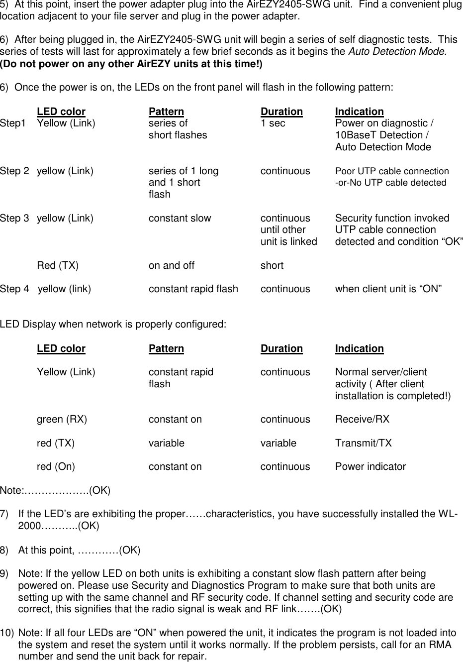 5)  At this point, insert the power adapter plug into the AirEZY2405-SWG unit.  Find a convenient pluglocation adjacent to your file server and plug in the power adapter.6)  After being plugged in, the AirEZY2405-SWG unit will begin a series of self diagnostic tests.  Thisseries of tests will last for approximately a few brief seconds as it begins the Auto Detection Mode.(Do not power on any other AirEZY units at this time!)6)  Once the power is on, the LEDs on the front panel will flash in the following pattern:LED color Pattern Duration IndicationStep1 Yellow (Link) series of  1 sec Power on diagnostic /short flashes  10BaseT Detection / Auto Detection ModeStep 2 yellow (Link) series of 1 long continuous Poor UTP cable connectionand 1 short -or-No UTP cable detectedflashStep 3  yellow (Link) constant slow continuous Security function invokeduntil other  UTP cable connectionunit is linked detected and condition &ldquo;OK&rdquo;Red (TX) on and off shortStep 4   yellow (link) constant rapid flash continuous when client unit is &ldquo;ON&rdquo;LED Display when network is properly configured:LED color Pattern Duration IndicationYellow (Link) constant rapid continuous Normal server/client flash activity ( After clientinstallation is completed!)green (RX) constant on continuous Receive/RXred (TX) variable variable Transmit/TXred (On) constant on continuous Power indicatorNote:&hellip;&hellip;&hellip;&hellip;&hellip;&hellip;.(OK)7)  If the LED&rsquo;s are exhibiting the proper&hellip;&hellip;characteristics, you have successfully installed the WL-2000&hellip;&hellip;&hellip;..(OK)8)  At this point, &hellip;&hellip;&hellip;&hellip;(OK)9)  Note: If the yellow LED on both units is exhibiting a constant slow flash pattern after beingpowered on. Please use Security and Diagnostics Program to make sure that both units aresetting up with the same channel and RF security code. If channel setting and security code arecorrect, this signifies that the radio signal is weak and RF link&hellip;&hellip;.(OK)10) Note: If all four LEDs are &ldquo;ON&rdquo; when powered the unit, it indicates the program is not loaded intothe system and reset the system until it works normally. If the problem persists, call for an RMAnumber and send the unit back for repair.