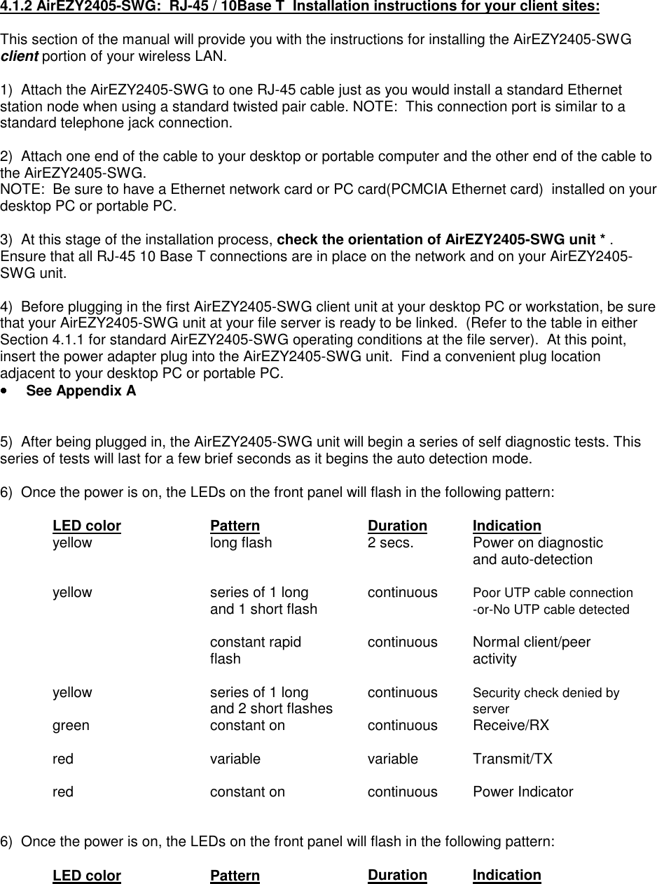 4.1.2 AirEZY2405-SWG:  RJ-45 / 10Base T  Installation instructions for your client sites:This section of the manual will provide you with the instructions for installing the AirEZY2405-SWGclient portion of your wireless LAN.1)  Attach the AirEZY2405-SWG to one RJ-45 cable just as you would install a standard Ethernetstation node when using a standard twisted pair cable. NOTE:  This connection port is similar to astandard telephone jack connection.2)  Attach one end of the cable to your desktop or portable computer and the other end of the cable tothe AirEZY2405-SWG.NOTE:  Be sure to have a Ethernet network card or PC card(PCMCIA Ethernet card)  installed on yourdesktop PC or portable PC.3)  At this stage of the installation process, check the orientation of AirEZY2405-SWG unit * .Ensure that all RJ-45 10 Base T connections are in place on the network and on your AirEZY2405-SWG unit.4)  Before plugging in the first AirEZY2405-SWG client unit at your desktop PC or workstation, be surethat your AirEZY2405-SWG unit at your file server is ready to be linked.  (Refer to the table in eitherSection 4.1.1 for standard AirEZY2405-SWG operating conditions at the file server).  At this point,insert the power adapter plug into the AirEZY2405-SWG unit.  Find a convenient plug locationadjacent to your desktop PC or portable PC.&bull;&bull;&bull;&bull;  See Appendix A5)  After being plugged in, the AirEZY2405-SWG unit will begin a series of self diagnostic tests. Thisseries of tests will last for a few brief seconds as it begins the auto detection mode.6)  Once the power is on, the LEDs on the front panel will flash in the following pattern:LED color Pattern Duration Indicationyellow long flash 2 secs. Power on diagnosticand auto-detectionyellow  series of 1 long continuous Poor UTP cable connectionand 1 short flash -or-No UTP cable detectedconstant rapid continuous Normal client/peer flash activityyellow  series of 1 long continuous Security check denied byand 2 short flashes servergreen constant on continuous Receive/RXred variable variable Transmit/TXred constant on continuous Power Indicator6)  Once the power is on, the LEDs on the front panel will flash in the following pattern:LED color Pattern Duration Indication